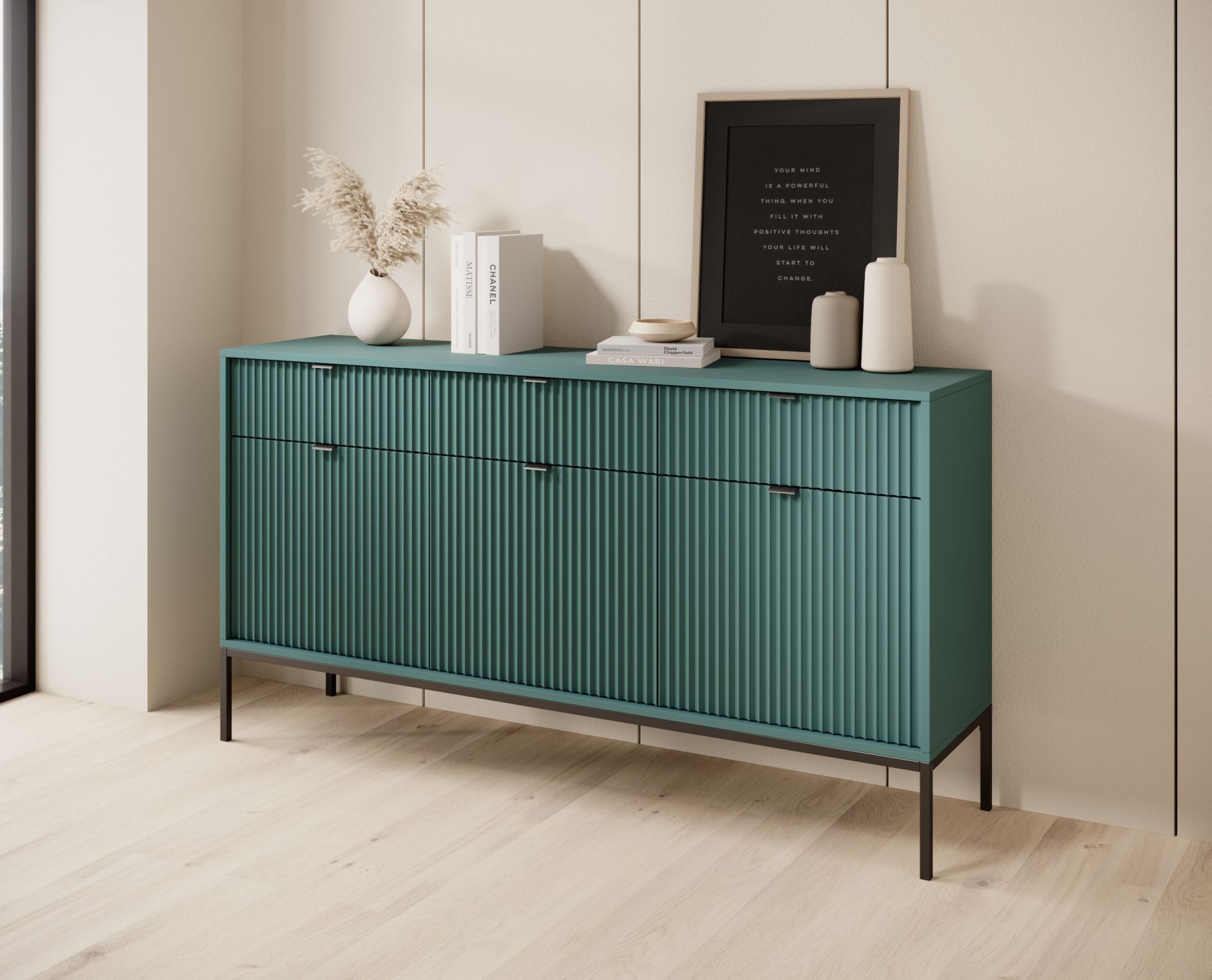 Selsey Sideboard VELLORE, 154 cm, 3 Türen & 3 Schubladen, geriffelte MDF-Fronten, Metallgestell