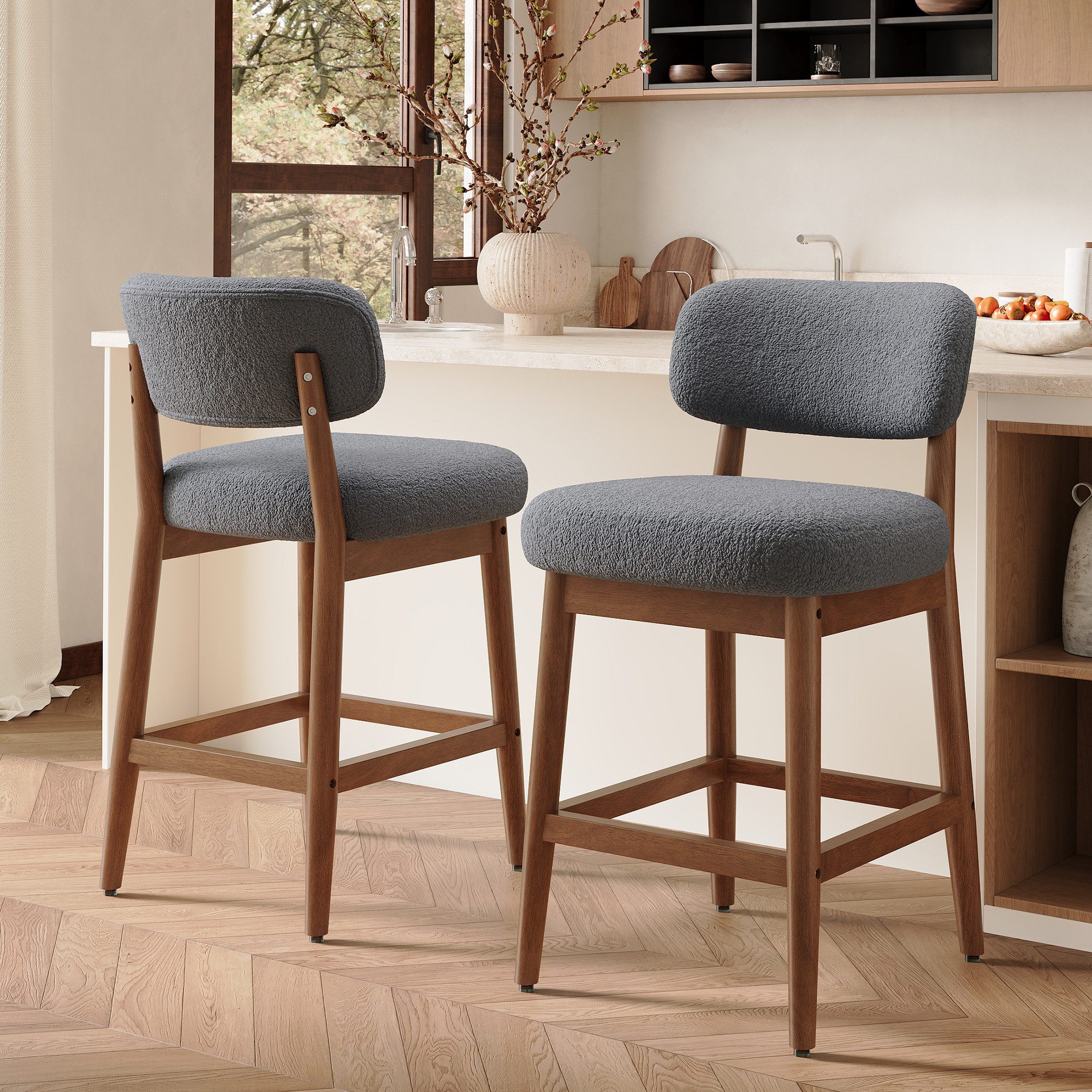 HawthyHome Barhocker mit Lehne Bouclé Tresenhocker gepolstert (2 St), mit Massivholzbeinen Barstuhl für Kücheninsel