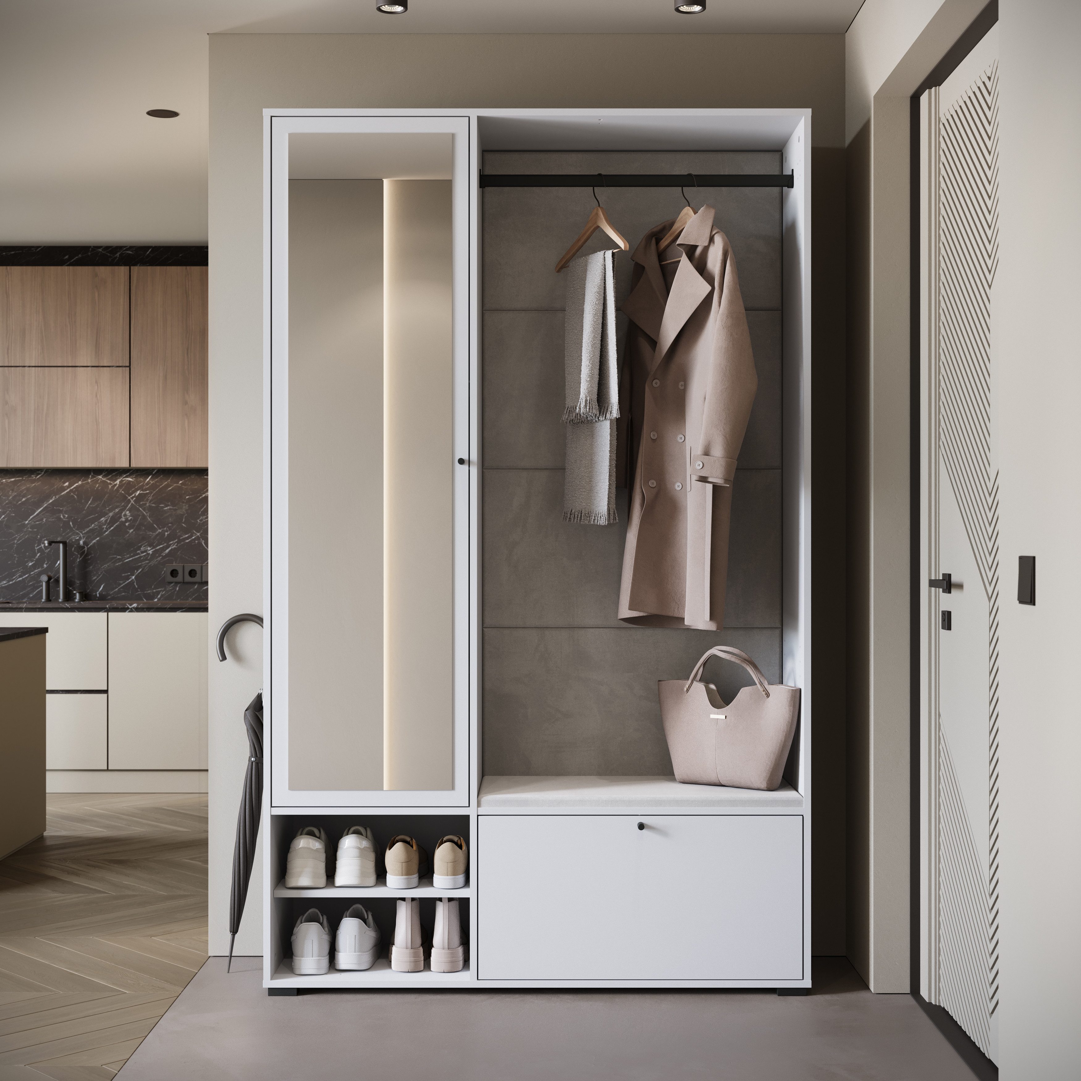 Home affaire Garderoben-Set Garderobe mit Spiegel, Sitzbank und Kleiderstange, (1-St), Schuhschrank mit viel Stauraum und verstellbaren Einlegeböden – Bild 2 von 5