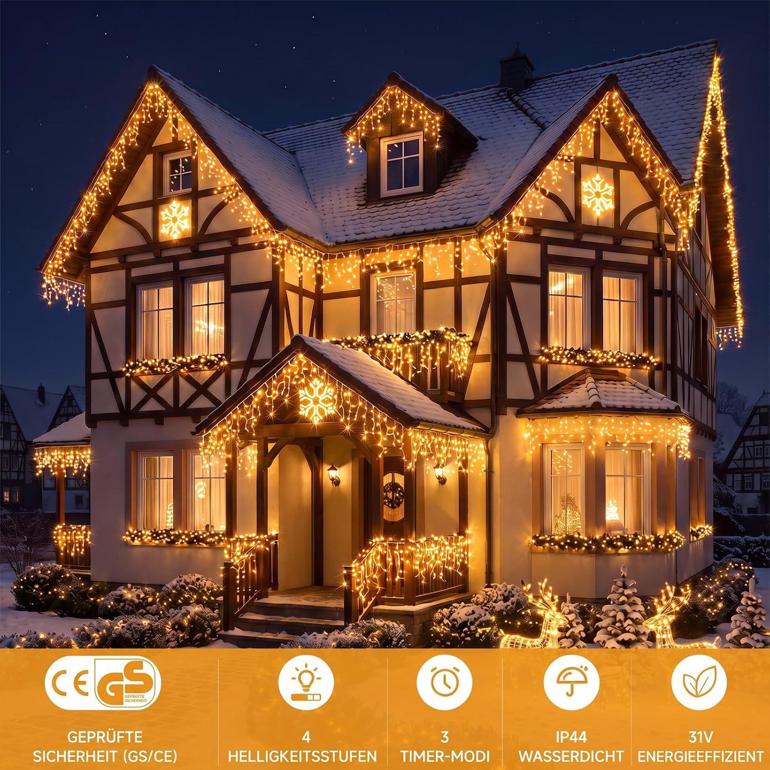 GarveeMore LED-Lichterkette Eisregen für außen, extra hohe LED-Dichte, strombetrieben, warmweiß, 440-flammig, Mit Fernbedienung & Timer, IP44, ideal für Dachrin – Bild 4 von 5