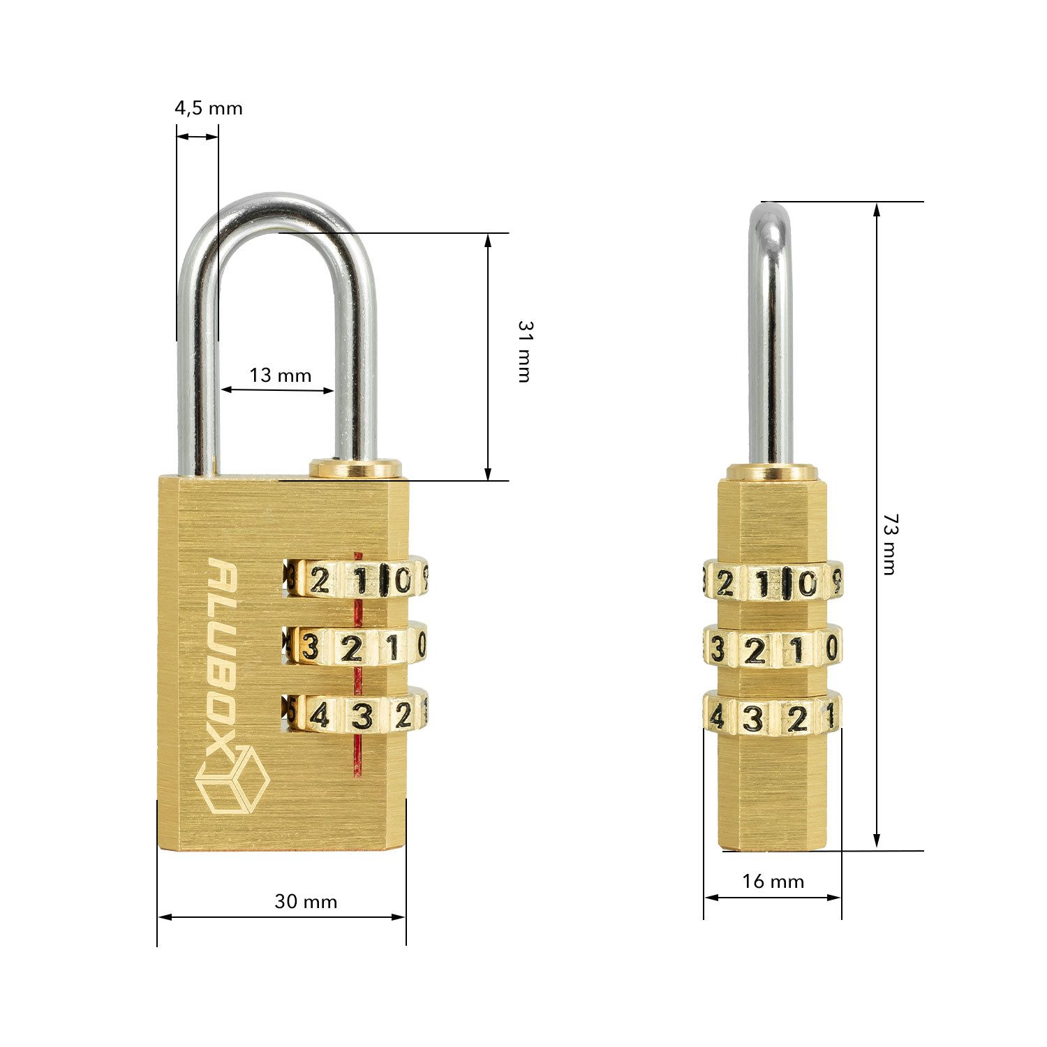 ALUBOX Vorhängeschloss Zahlenschloss 3 stellig Messing Korpus Bügelstärke 4,5mm