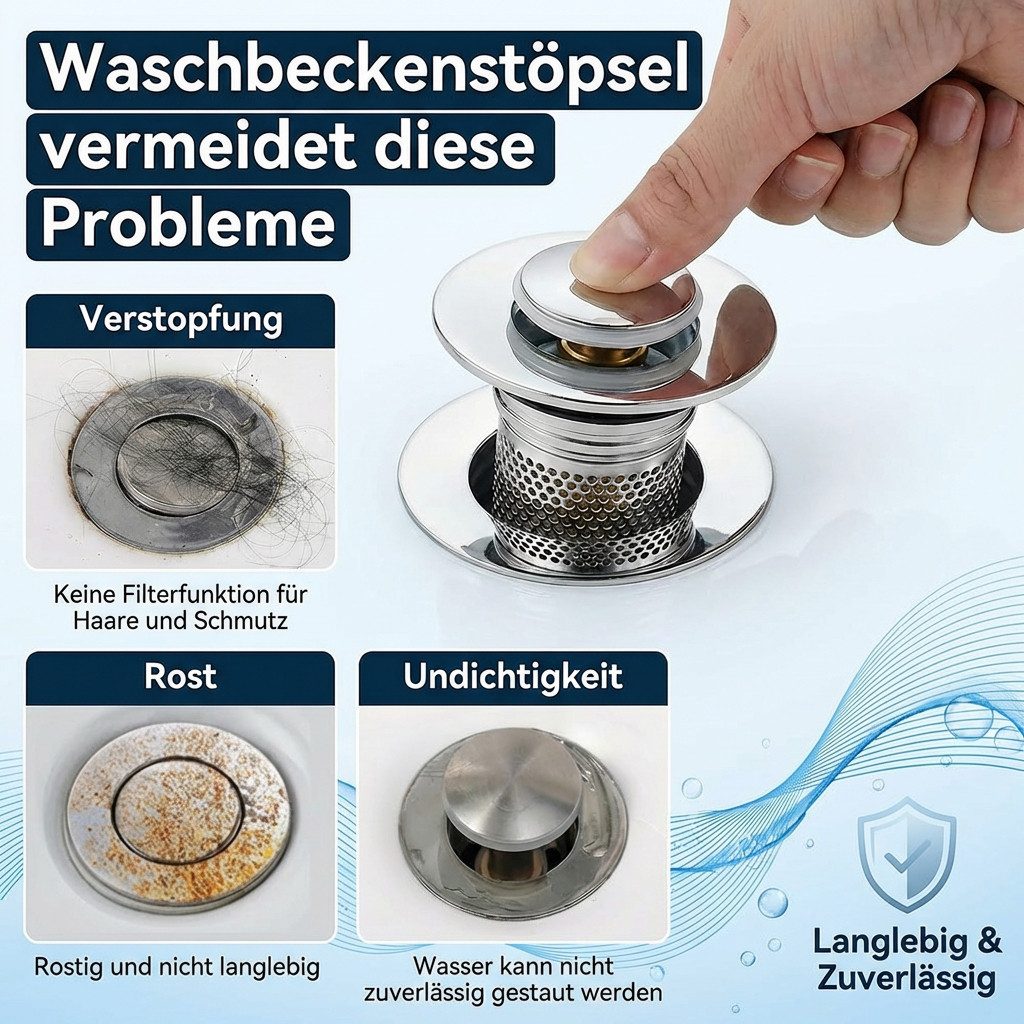 JASLIFE Waschbeckenstöpsel Pop-up-Ablaufstopfen für Waschbecken Kaliber 33-40mm, (1 St), rostfrei, wasserdicht, mit Filtereinsatz