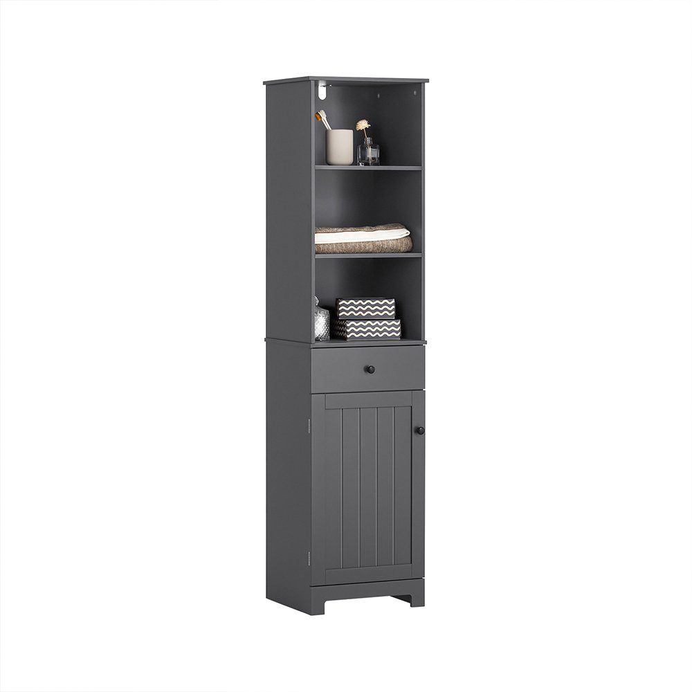 SoBuy Hochschrank BZR17 Badschrank Badregal mit 3 offenen Fächern, 1 Schublade und 1 Tür dunkelgrau