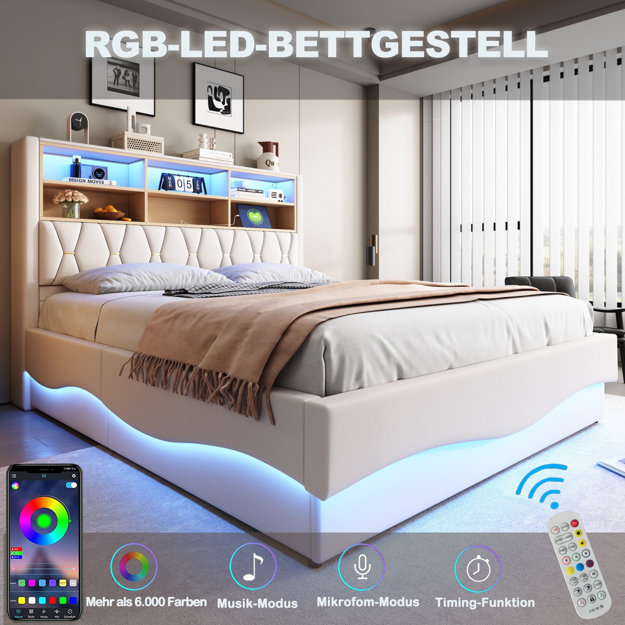 REDOM Polsterbett mit smartem LED-Lichtband per günstig online kaufen