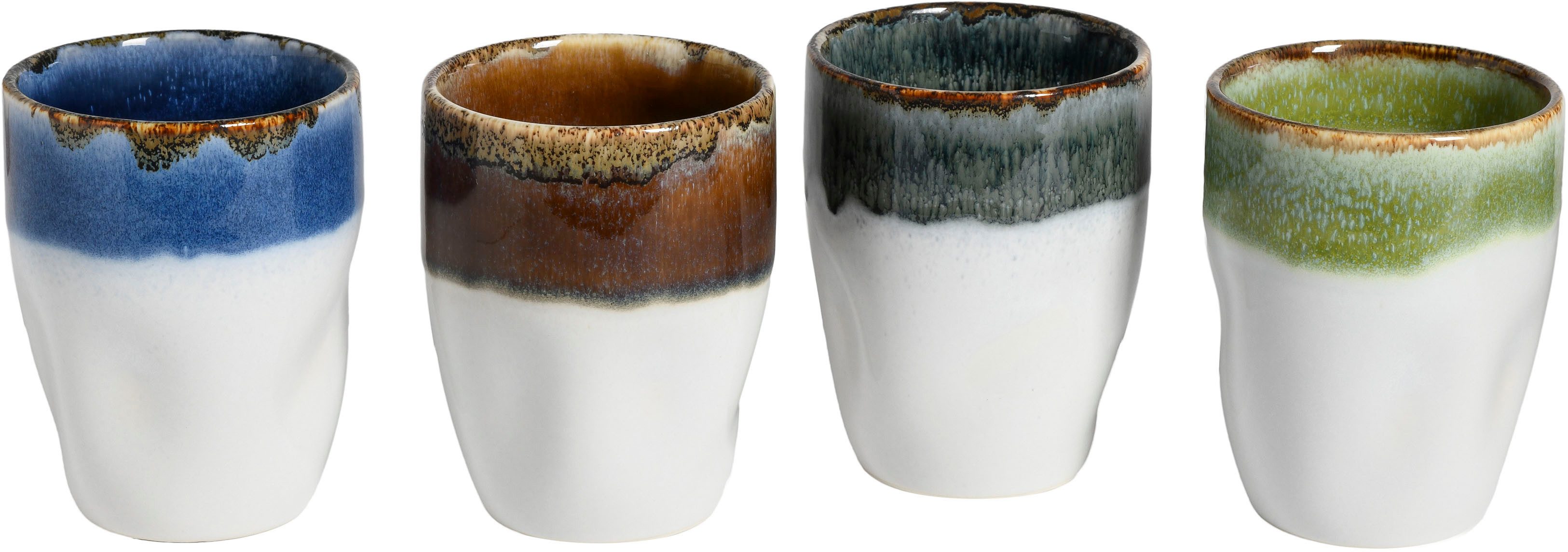 CreaTable Becher Squeezy Cascade, Kaffeebecher 4-tlg, 4-tlg., Steinzeug, Einzigartige Optik, Reaktivglasur