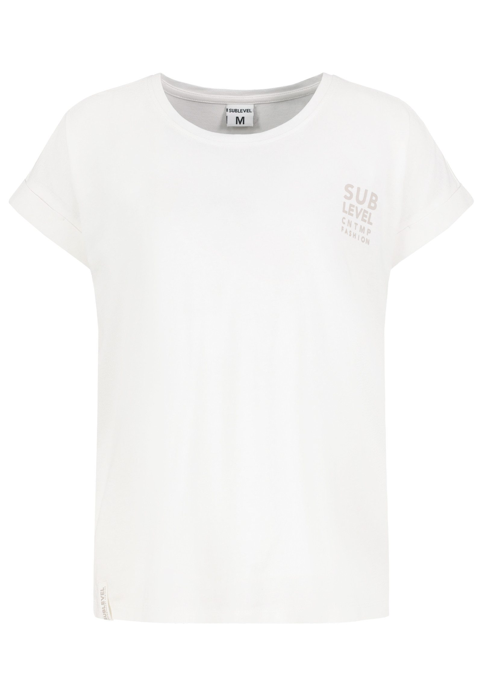 SUBLEVEL T-Shirt Damen Basic T-Shirt Logoprint Modal-Baumwolle T-Shirt mit Ärmelaufschlag