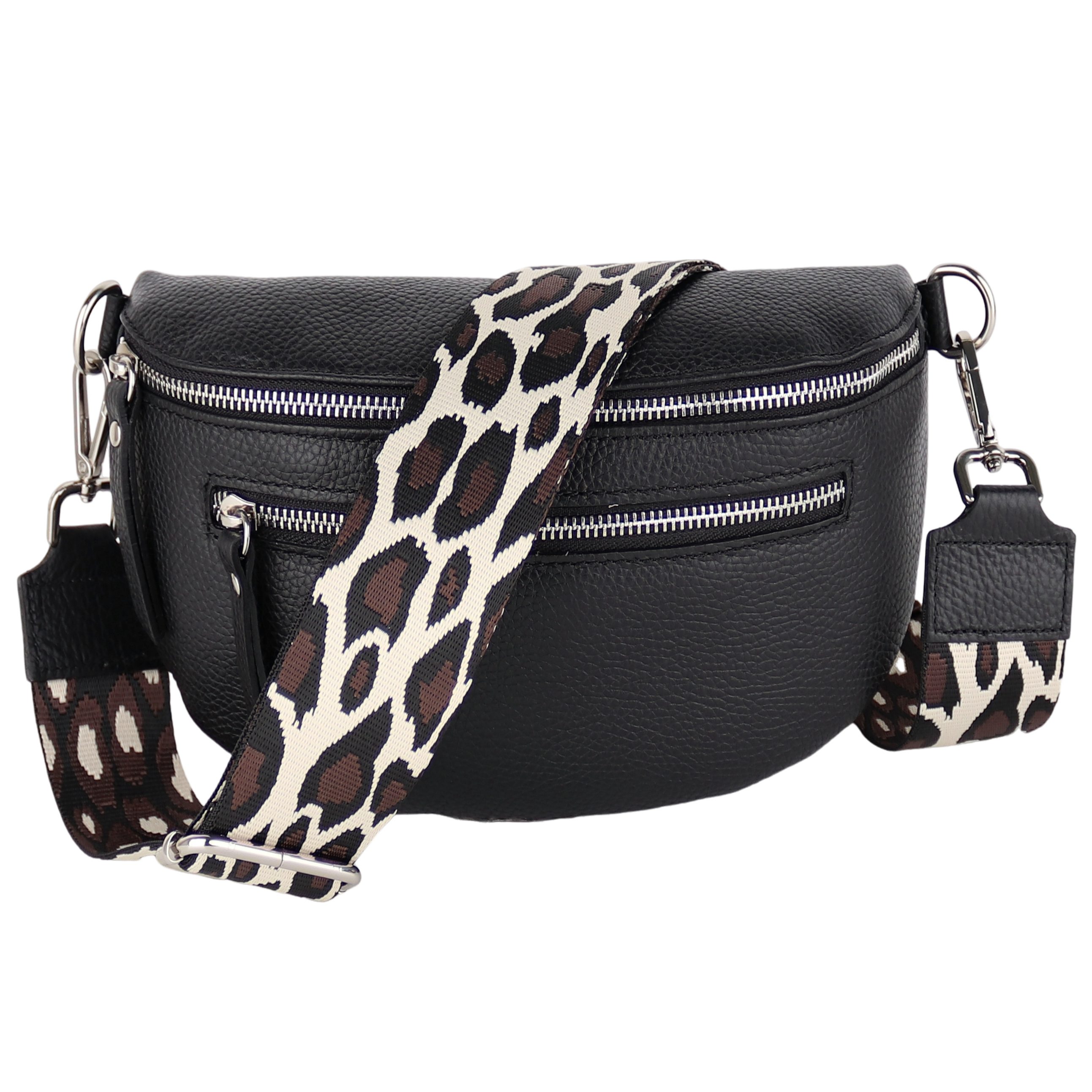 MIRROSI Bauchtasche Damen, Echtleder, Leder, Made in Italy, Umhängetasche, Brusttasche, (Schultertasche für jeden Anlass (1 Tasche & 2 Gurt), Mit zwei Reißverschlüssen, Gr. M 27x14x8 cm oder Gr. L 27x20 x9cm), Schwarz Crossbody Bag, gemusterten& verstellbaren Schulterriemen