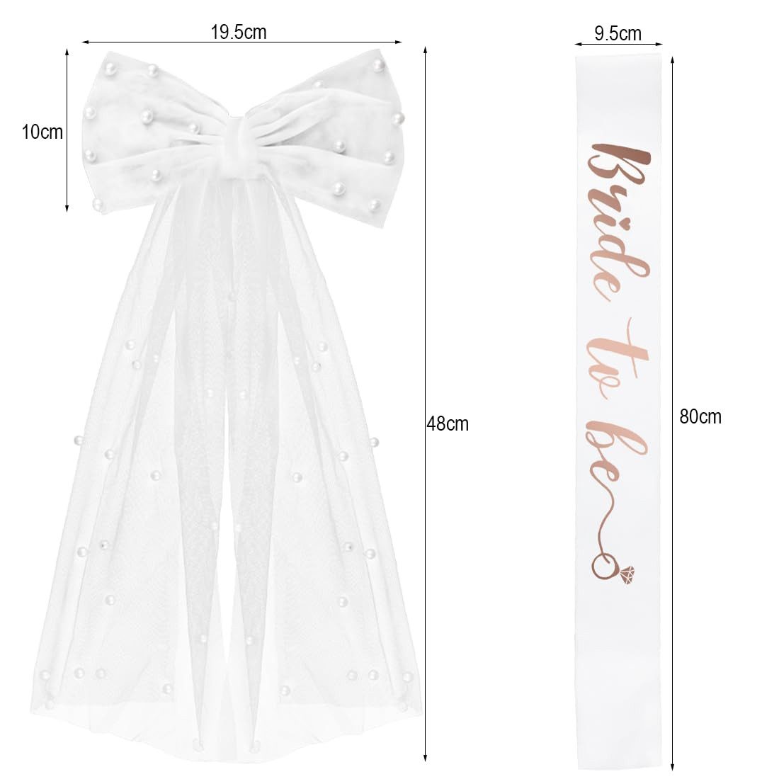 FOUORTUNATE-BEE Haarspange JGA Braut Accessoires Set – Schleier Haarclip & Braut Schärpe Weiß, Braut JGA Set mit Schleier Haarclip und weißer Schärpe Accessoires