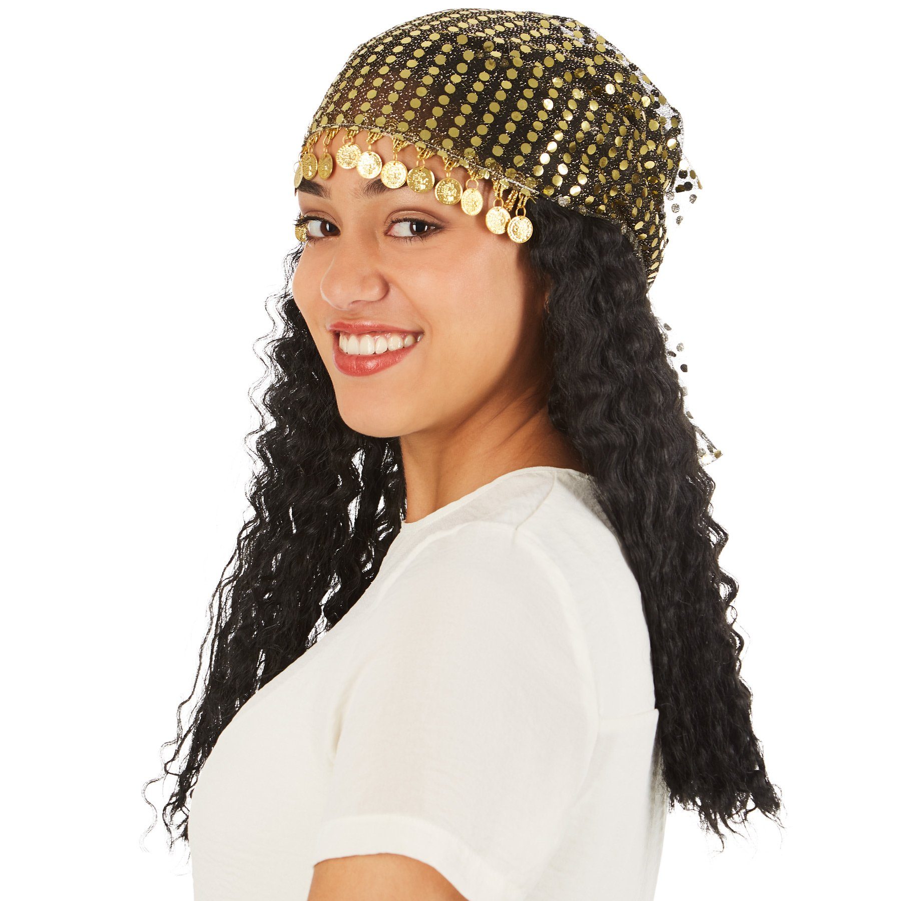 dressforfun Kostüm-Perücke Langhaarfrisur, Frauenperücke Wahrsagerin mit mittellangem Haar, Kopftuch aus Paillettenstoff mit Metallmünzendeko, geheimnisvoll