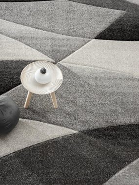 Teppich Monde Moderner Designer Wohnzimmer Teppich, Weicher Kurzflor, Hoch Tief Effekt, Konturenschnitt, Blickfang, Wellen Muster, Creme-Grau, 80 x 150 cm, the carpet, Rechteck