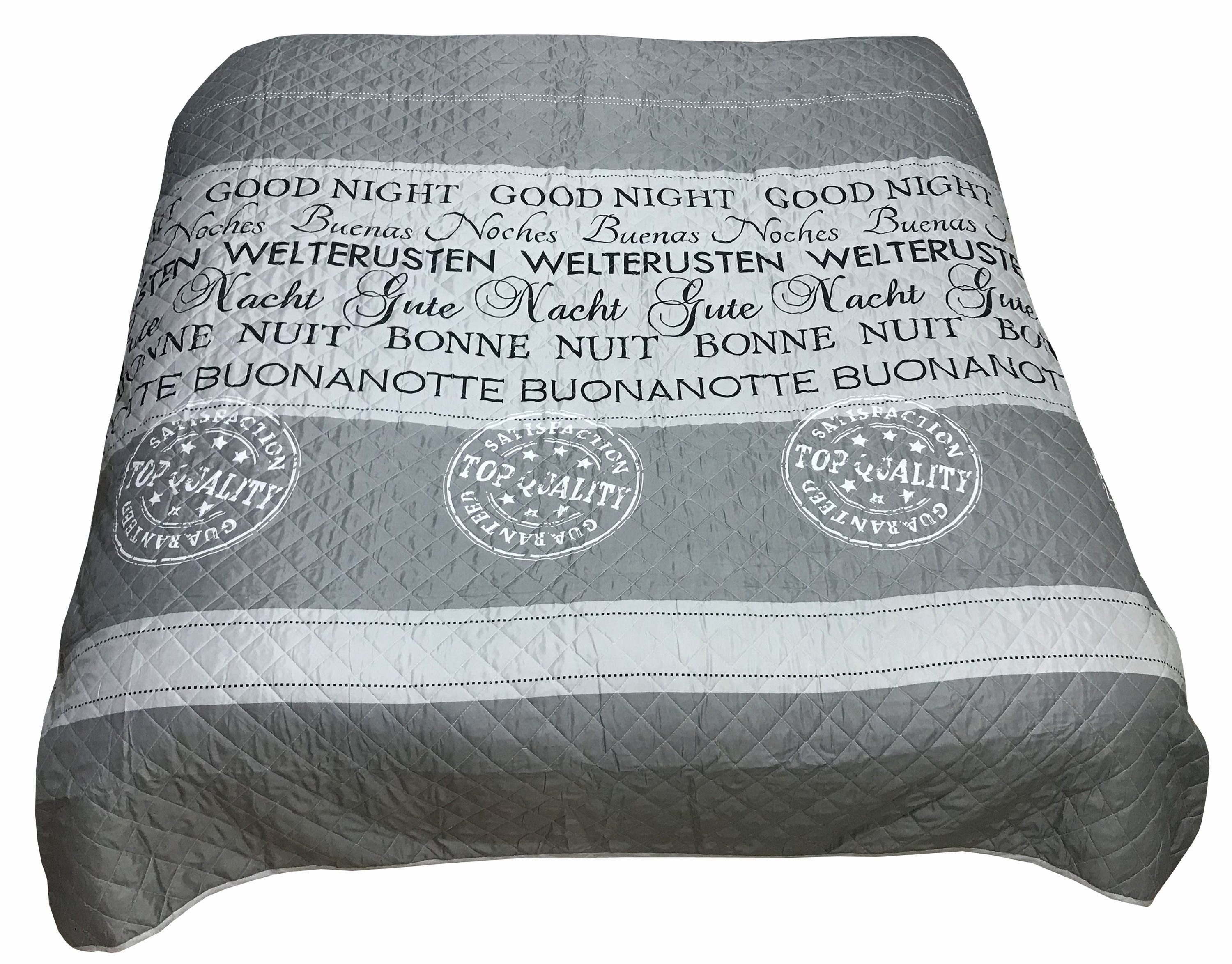 Leonado Vicenti Tagesdecke mit Steppung 140x210 oder 240x220, Bettüberwurf Grau mit Schriftzug Good Night