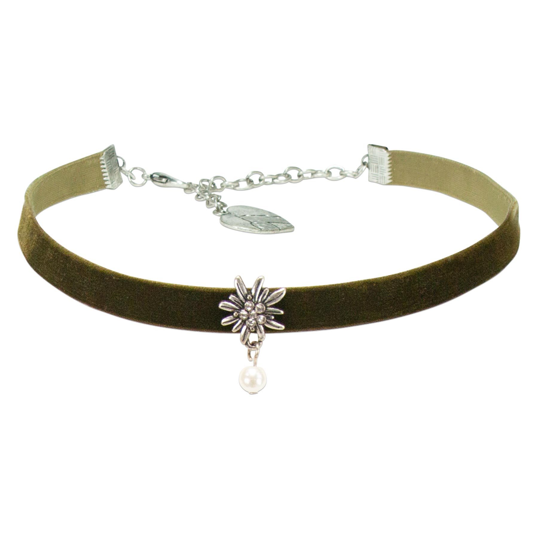 Alpenflüstern Choker Trachten-Samt-Kropfband Strass-Edelweiß Perle (grün), - nostalgische Trachtenkette enganliegend, Kropfkette elastisch, Damen
