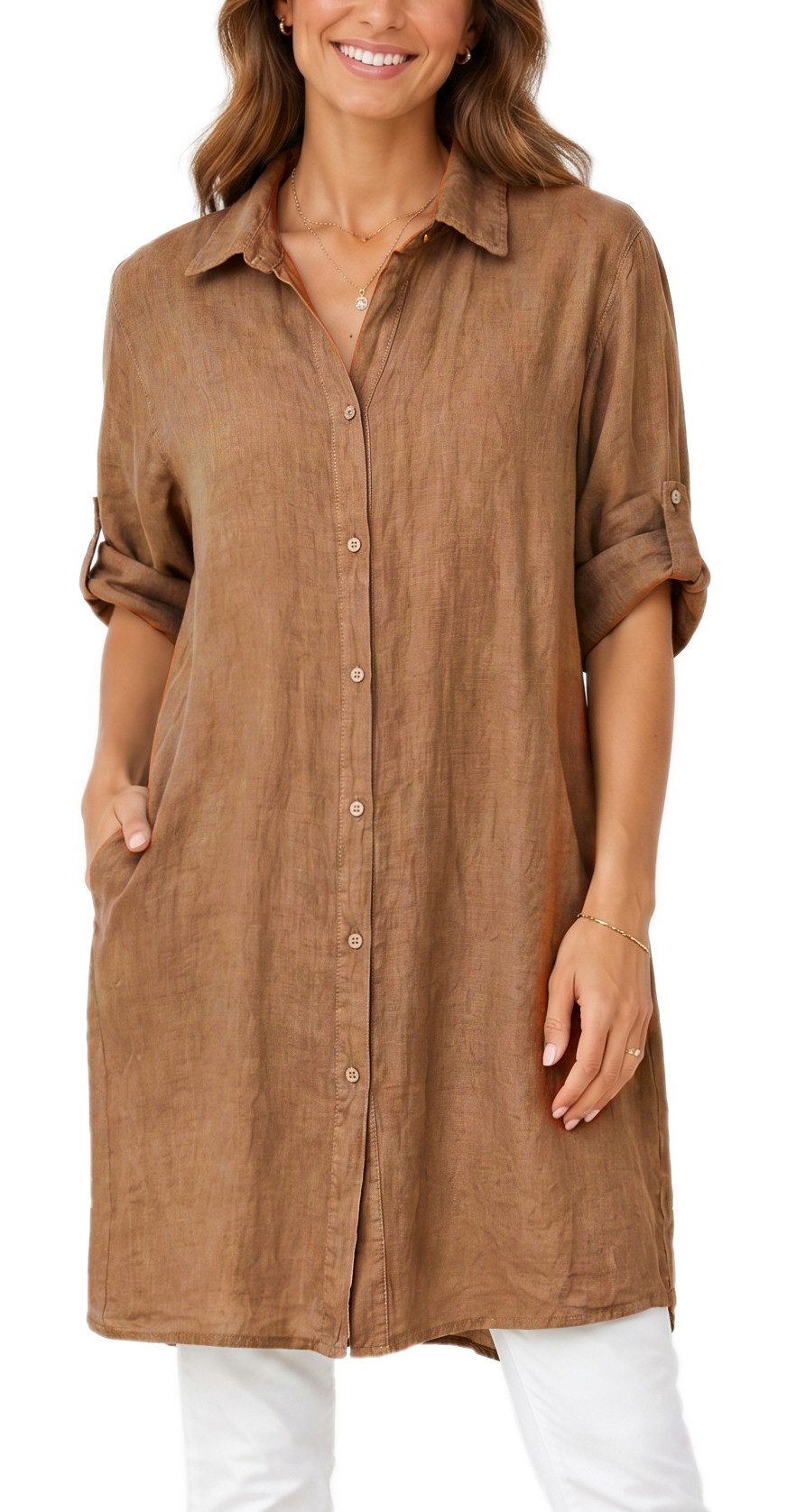 dy_mode Longbluse Damen Leinen Longbluse Sommer Hemdbluse Blusenkleid Luftige Tunika in Unifarbe, mit Knopfleiste