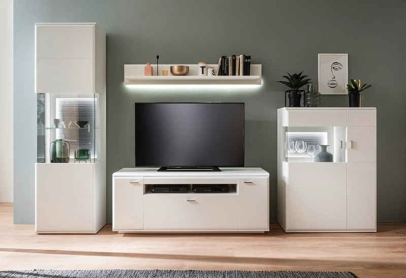 MCA furniture Wohnwand Wohnwand Anbauwand Amora 2, weiß matt, 4-teilig, LED Beleuchtung, (4-St)