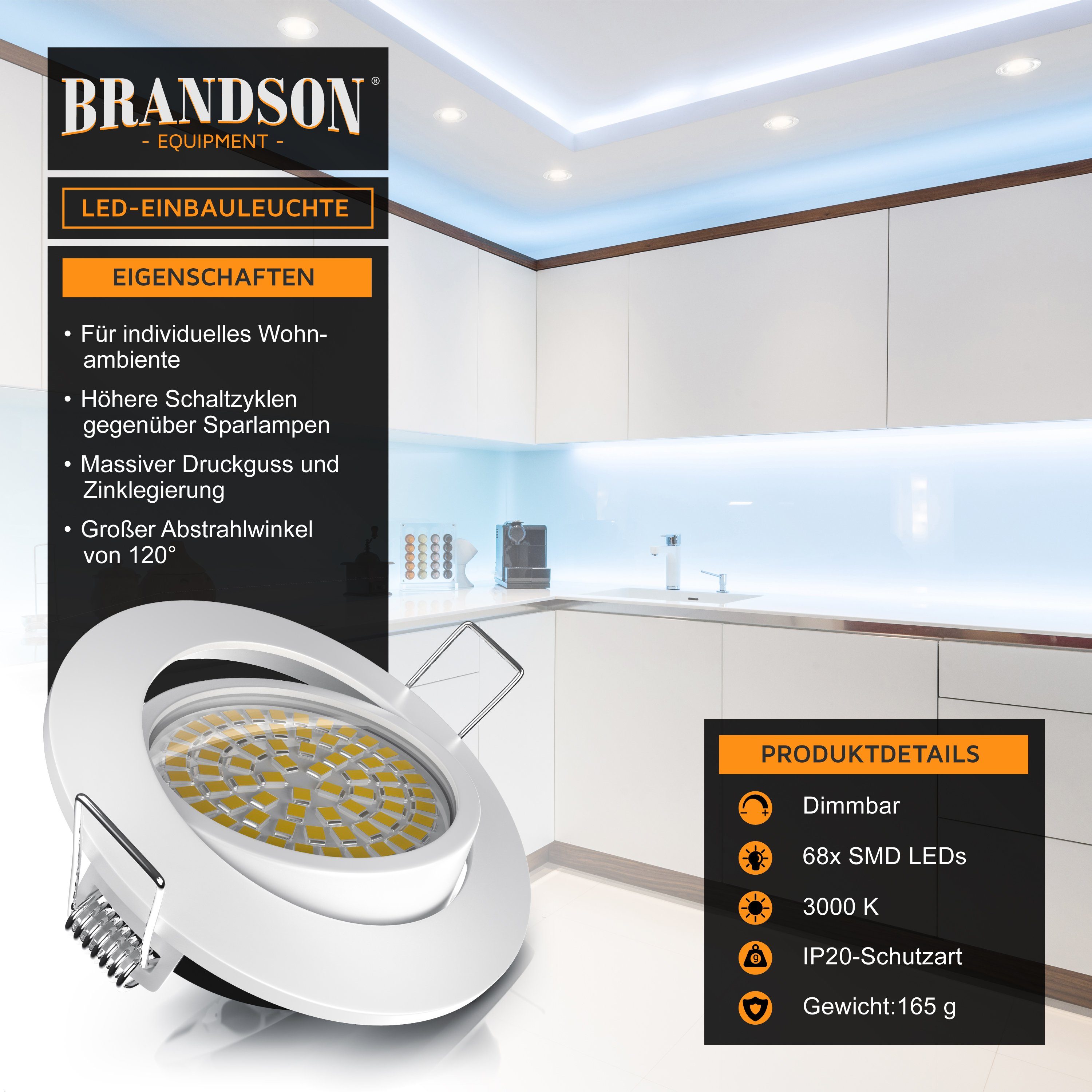 Brandson LED Einbaustrahler Deckenspot schwenkbar, Ultra Flach, Warmweiß 3000K, 5W, 320 Lumen, Dimmfunktion; Schwenkmechanismus (30° vertikal), LED fest integriert, warmweiß, Slim Einbauleuchte, Einbauspot Edelstahl Optik, Alu Deckenstrahler