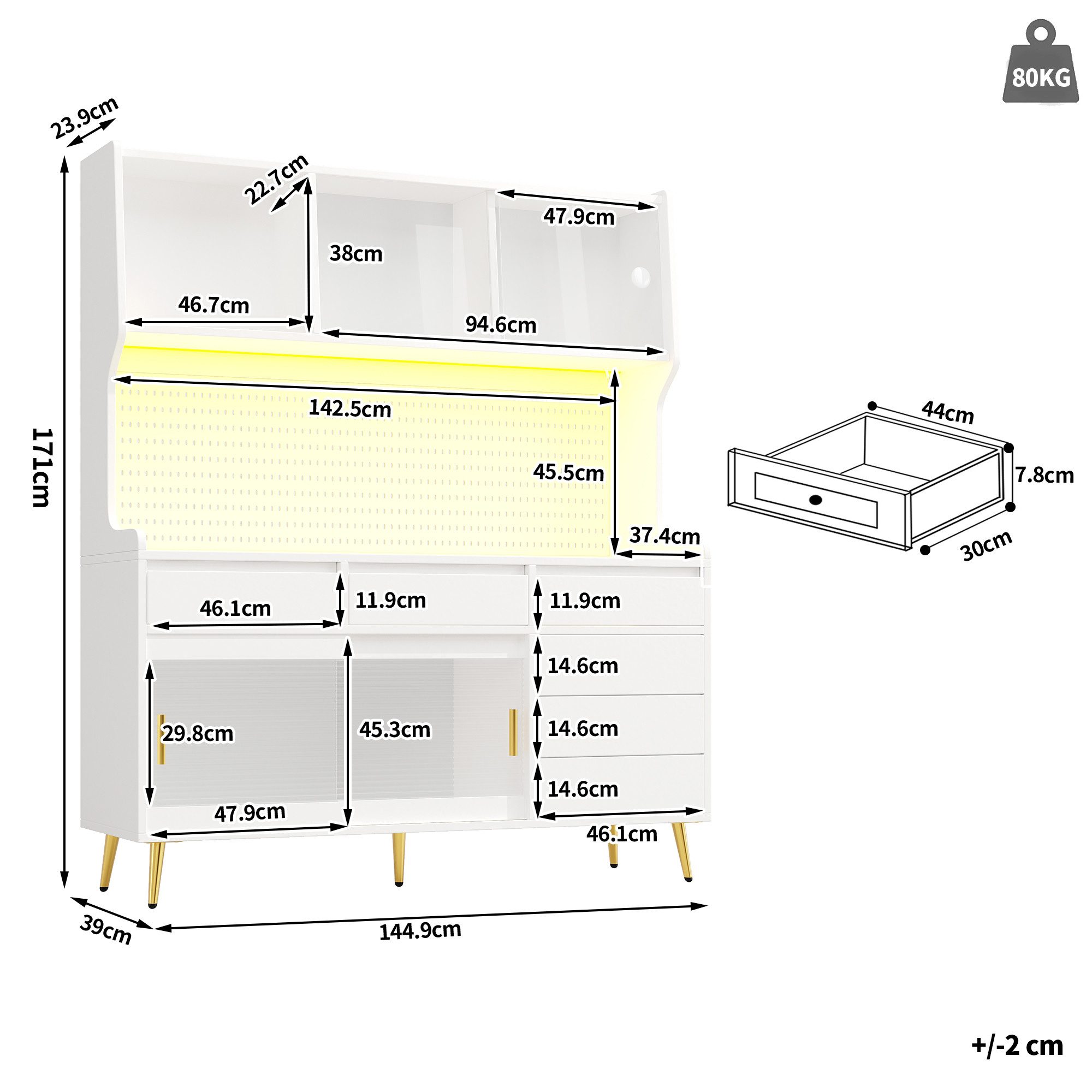 Celya Hochschrank mit App-Steuerung-LED Beleuchtung und Lochwand (145x39x171cm, mit 6 Schublade und Sideboard) für Wohnzimmer, Esszimmer oder Flur