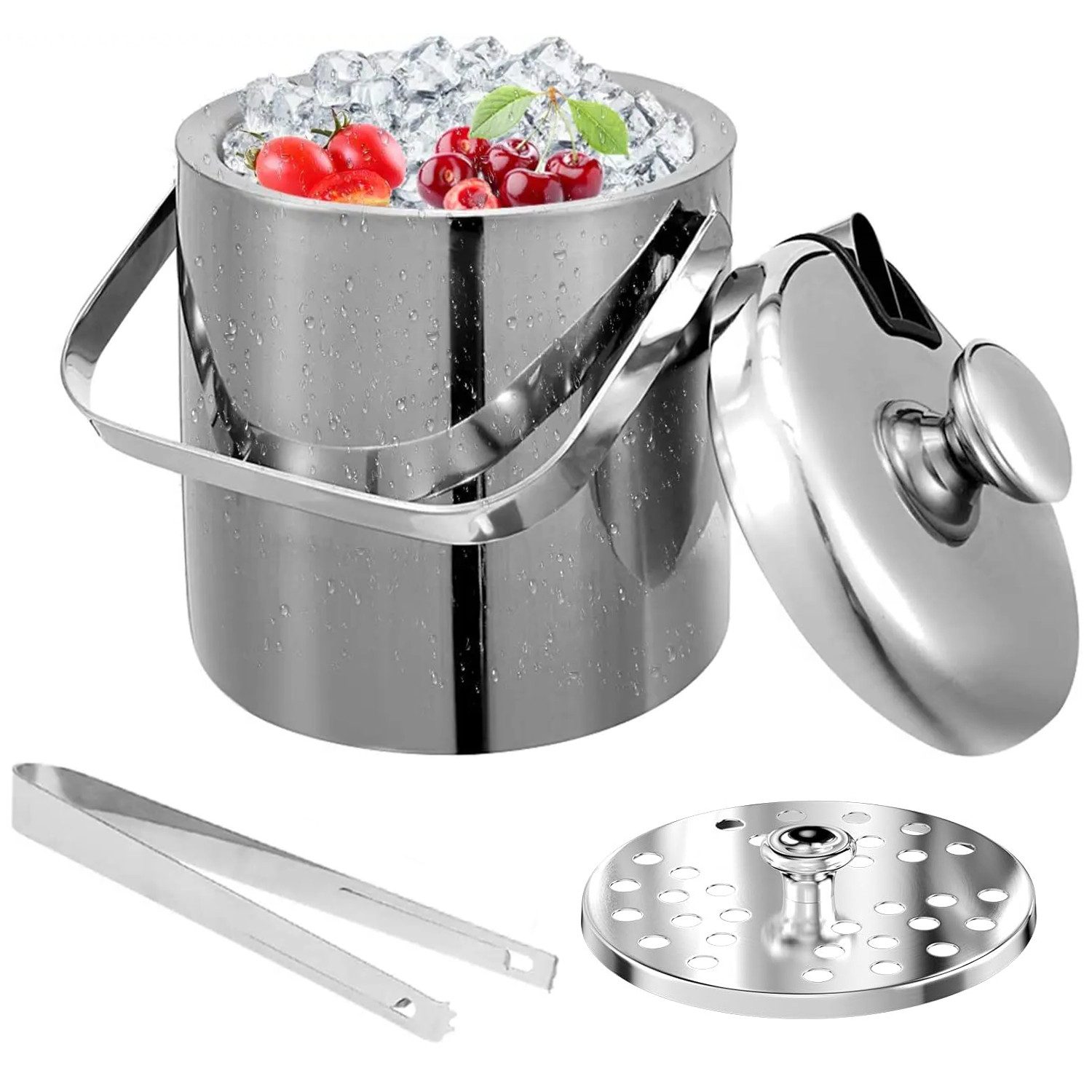Refined Living Eiseimer 3L Eiskübel mit deckel, Sieb und Eiszange Doppelwandiger Isolierter, Eisbehälter für Eiswürfel Eiswürfel-Eimer für Bar Party Hause