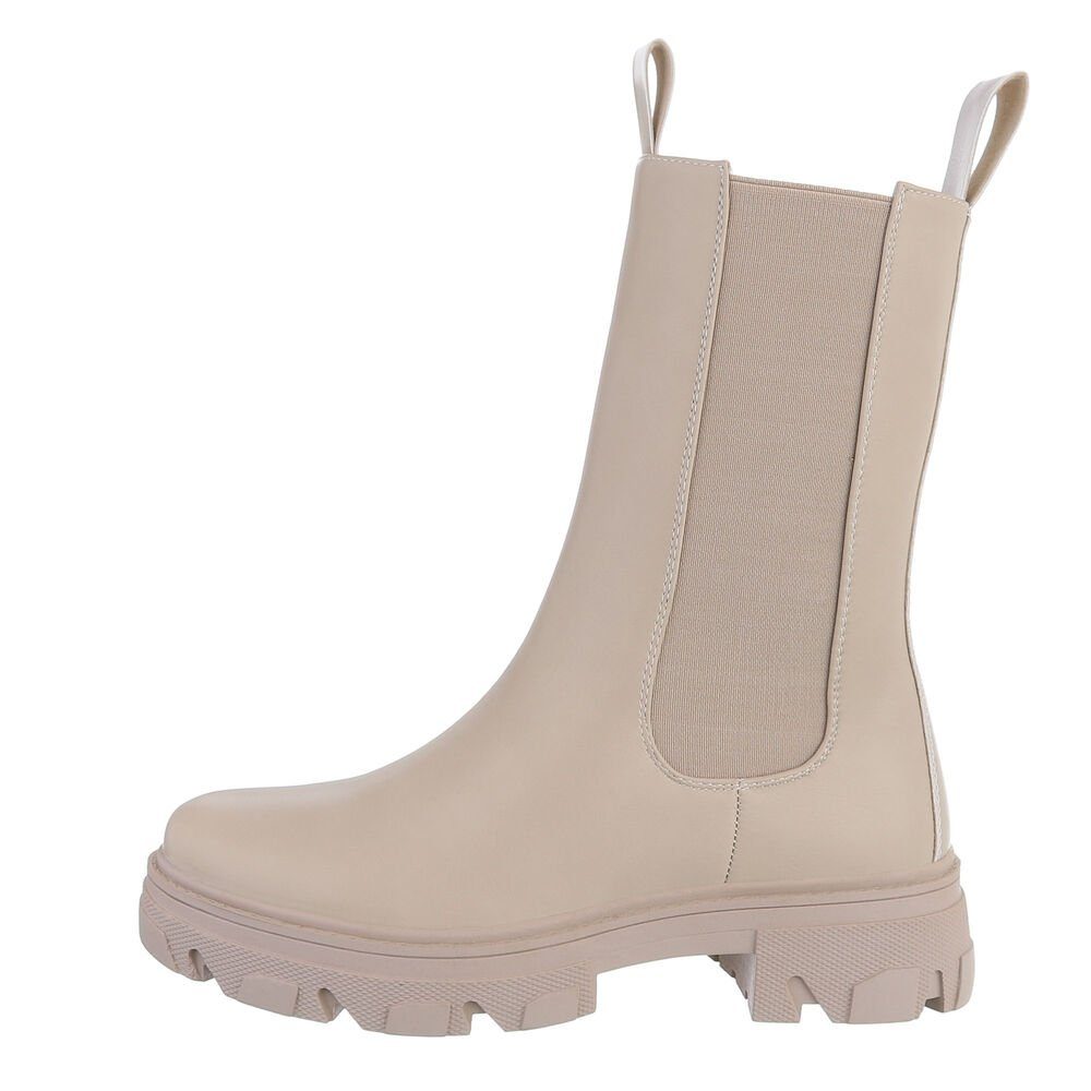 Ital-Design Damen Freizeit Plateaustiefelette Blockabsatz Plateaustiefeletten in Beige