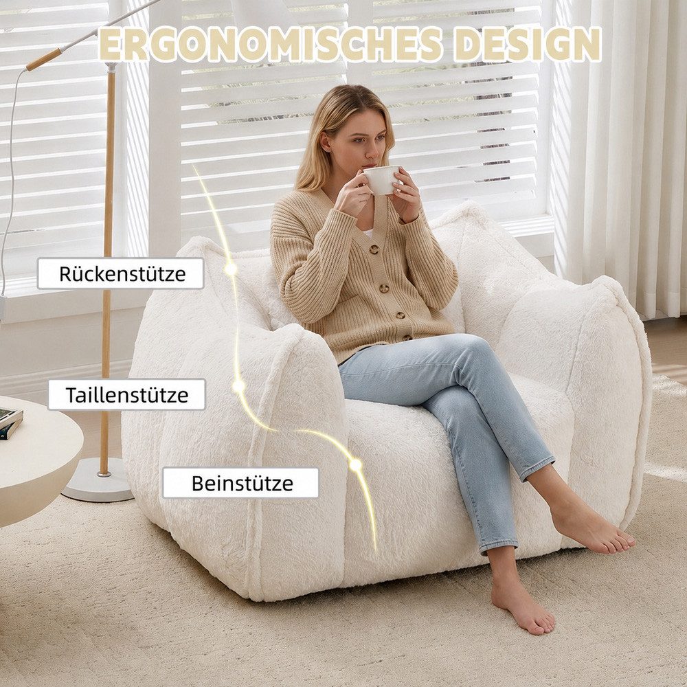 Leawin Relaxliege Sofas Wohnzimmer Loungesessel aus Kunstfell mit Hocker, Weicher Bean Bag Sessel mit Fußhocker und Schaumstofffüllung