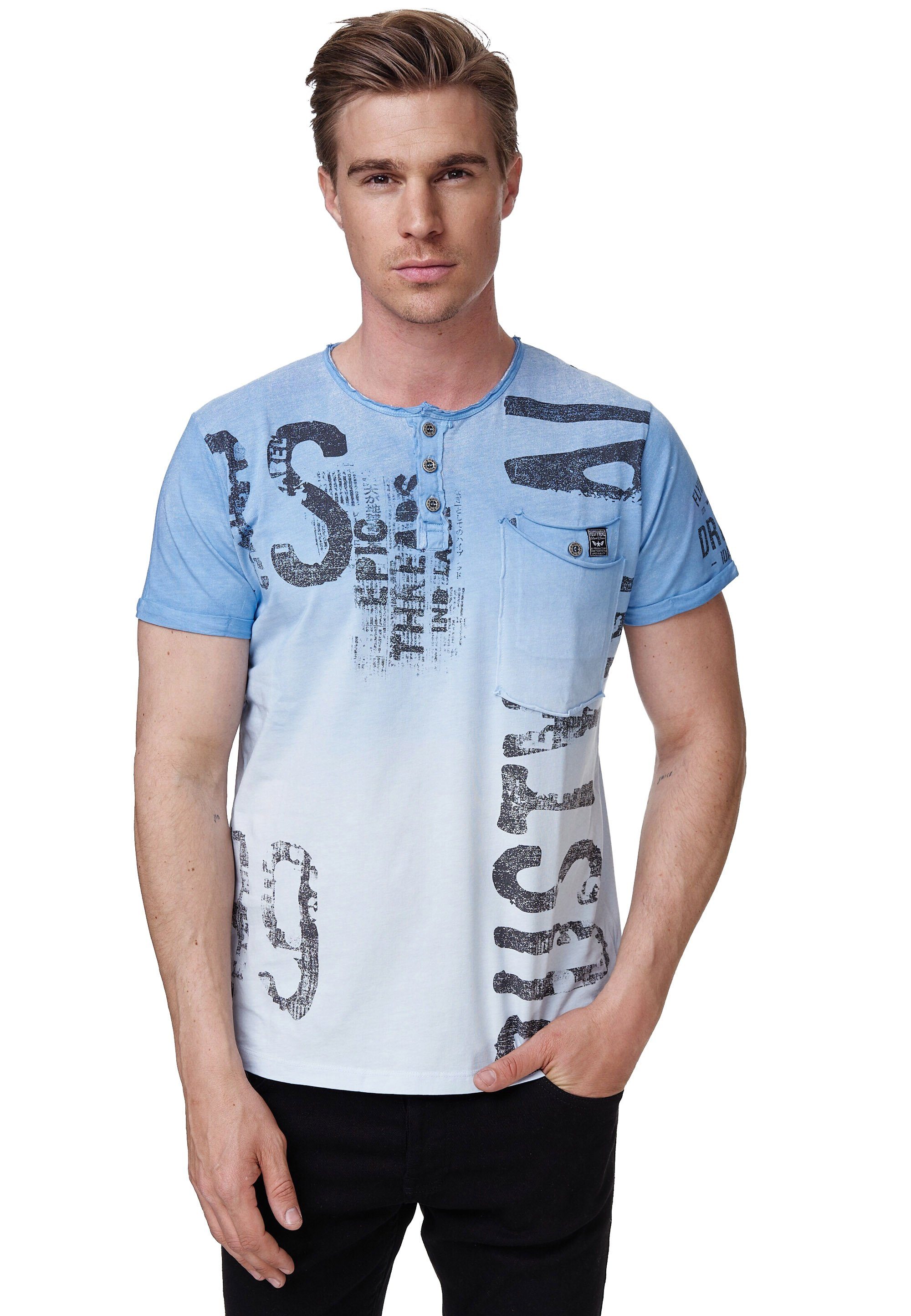 Rusty Neal T-Shirt trendigem Neal blau Rusty Shirt Markenprint mit