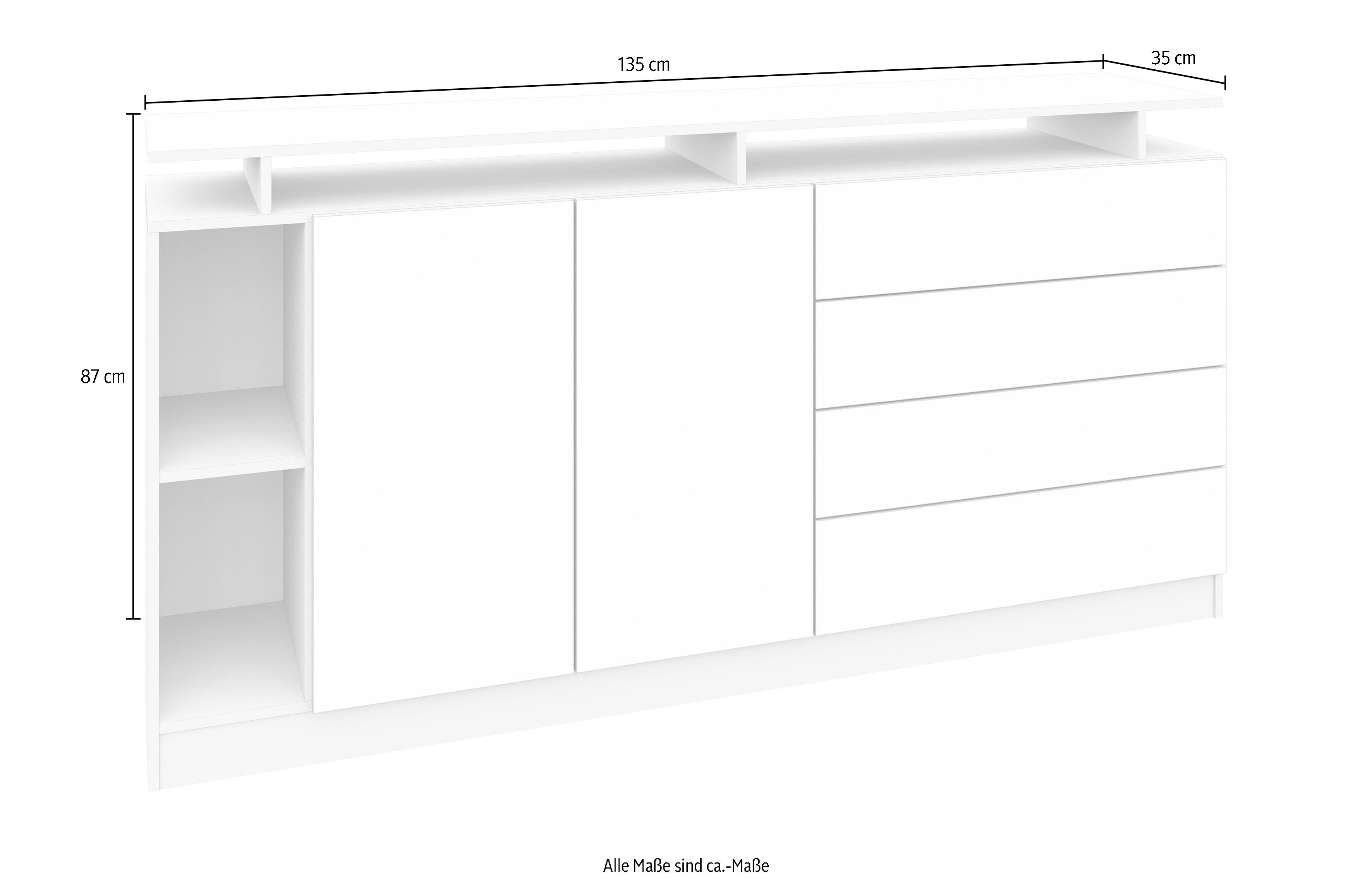 Weiß matt Sideboard Möbel Weiß borchardt grifflose Optik, Hochglanz Push-to-Open-Funktion | moderne Wallis, mit