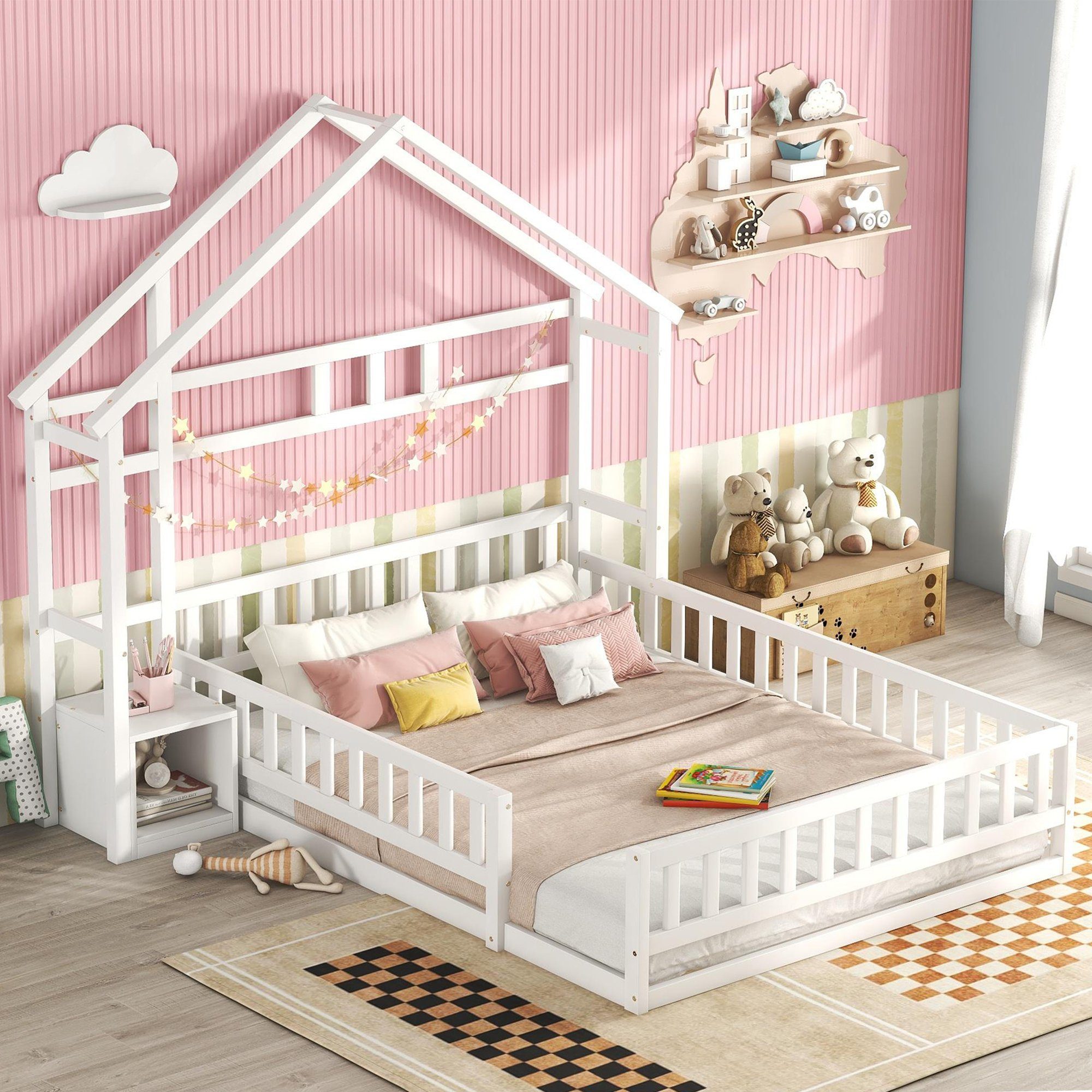 Flieks Kinderbett, Massivholzbett Hausbett mit Nachttisch und Lattenrost 140x200cm weiß
