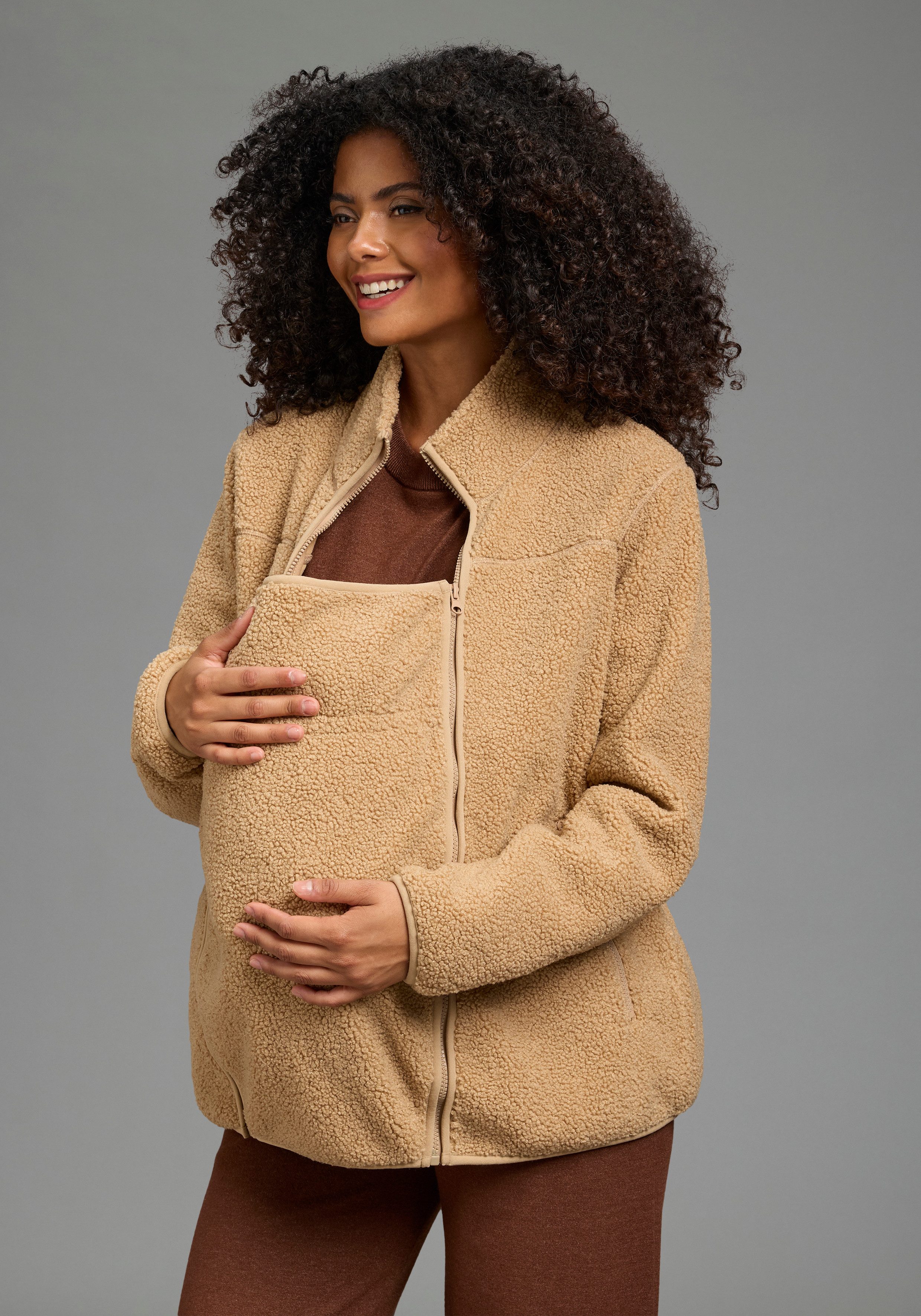 Neun Monate Umstandssweatjacke 2in1 Umstandsfleecejacke mit zippbaren Baby-Einsatz mit Stehkragen, aus weichem Fleece, bequeme Passform