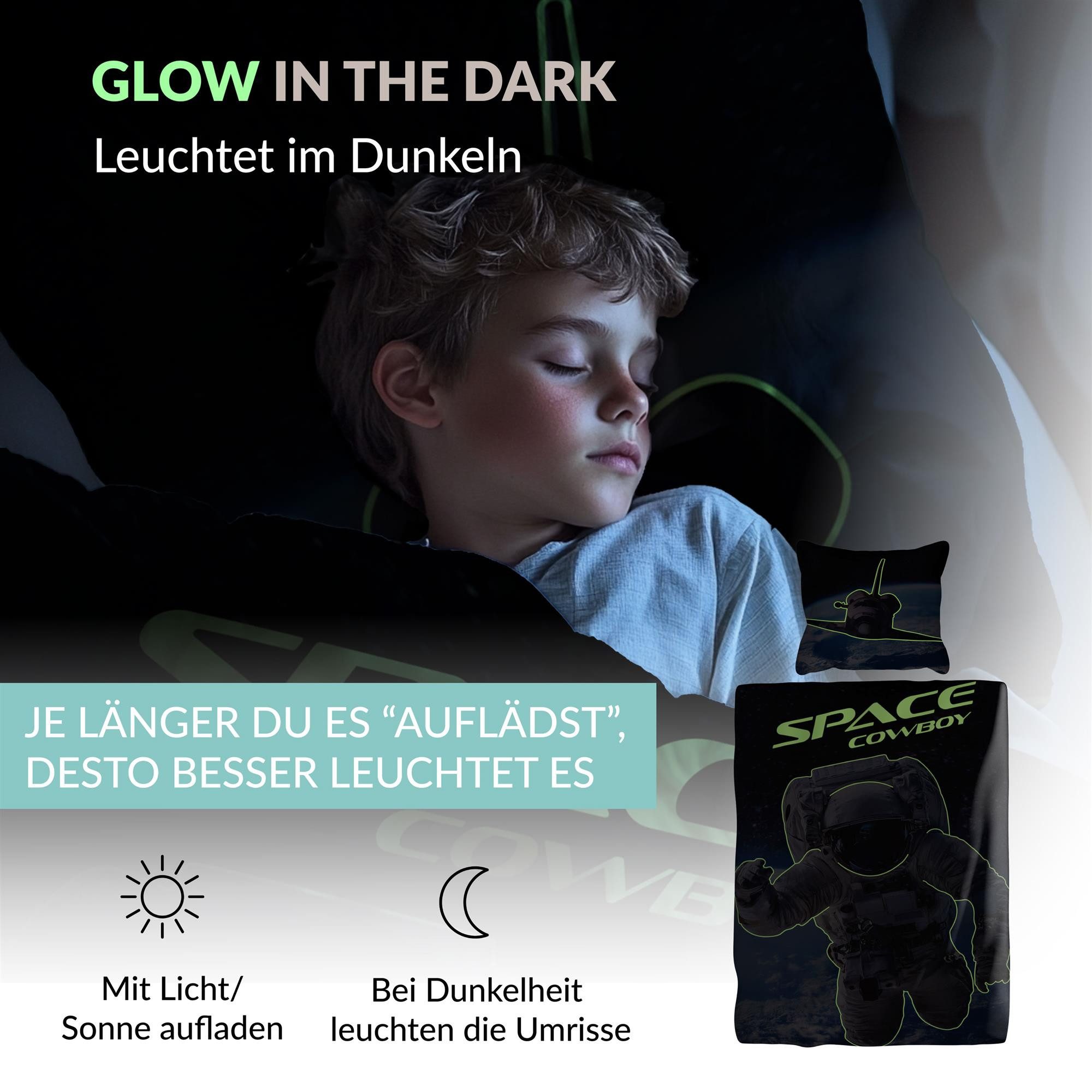 Carpe Sonno Kinderbettwäsche 135 x 200 Jungen Leuchtend Bettwäsche Kinder Astronaut Weltall +SPIELE, Renforcé, 2 teilig, GLOW IN THE DARK Bettbezug 135x200 - 10 – Bild 4 von 5