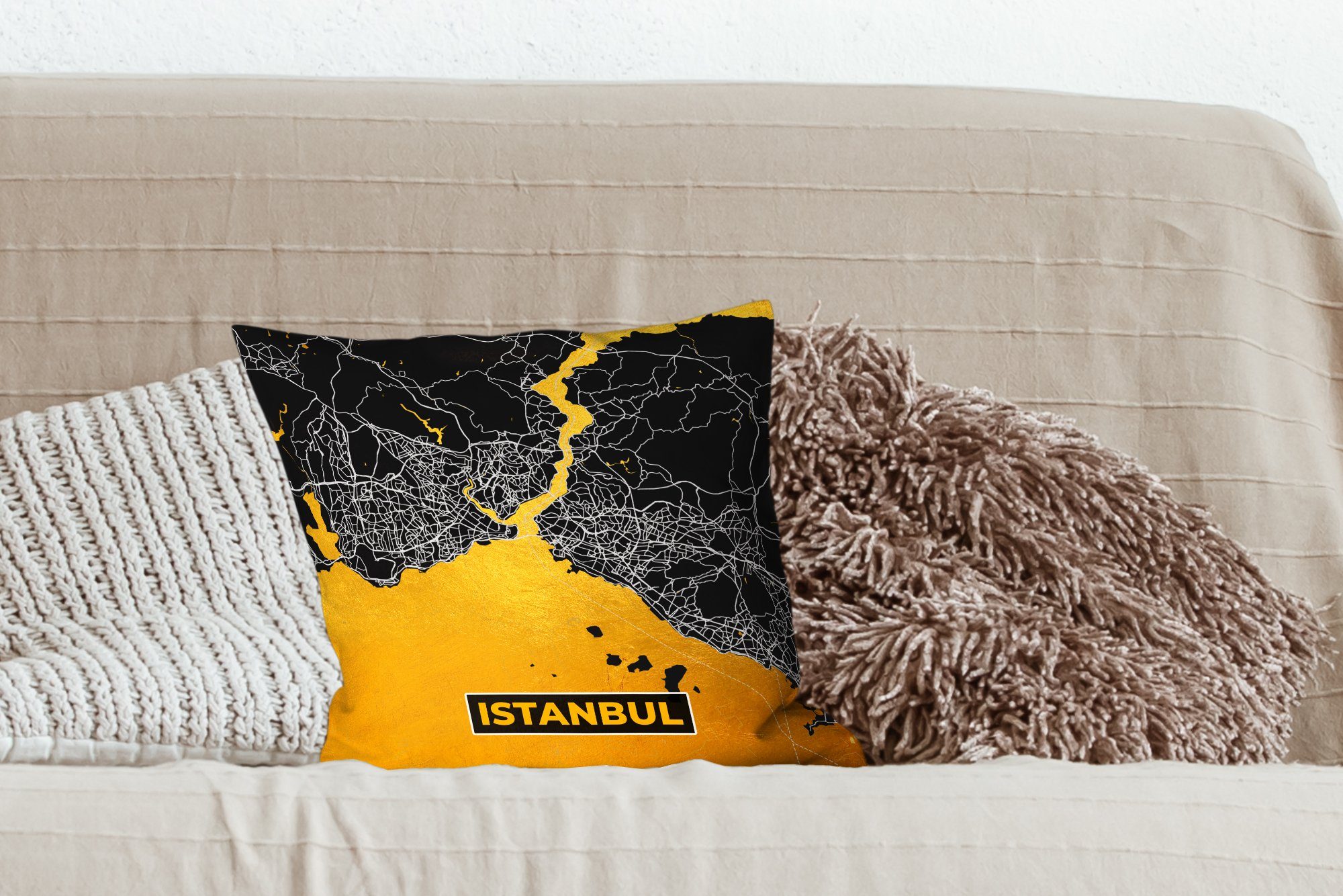 MuchoWow Dekokissen - - mit Schlafzimmer, - Gold Deko, Wohzimmer, für Sofakissen Karte, Zierkissen Füllung Stadtplan Istanbul