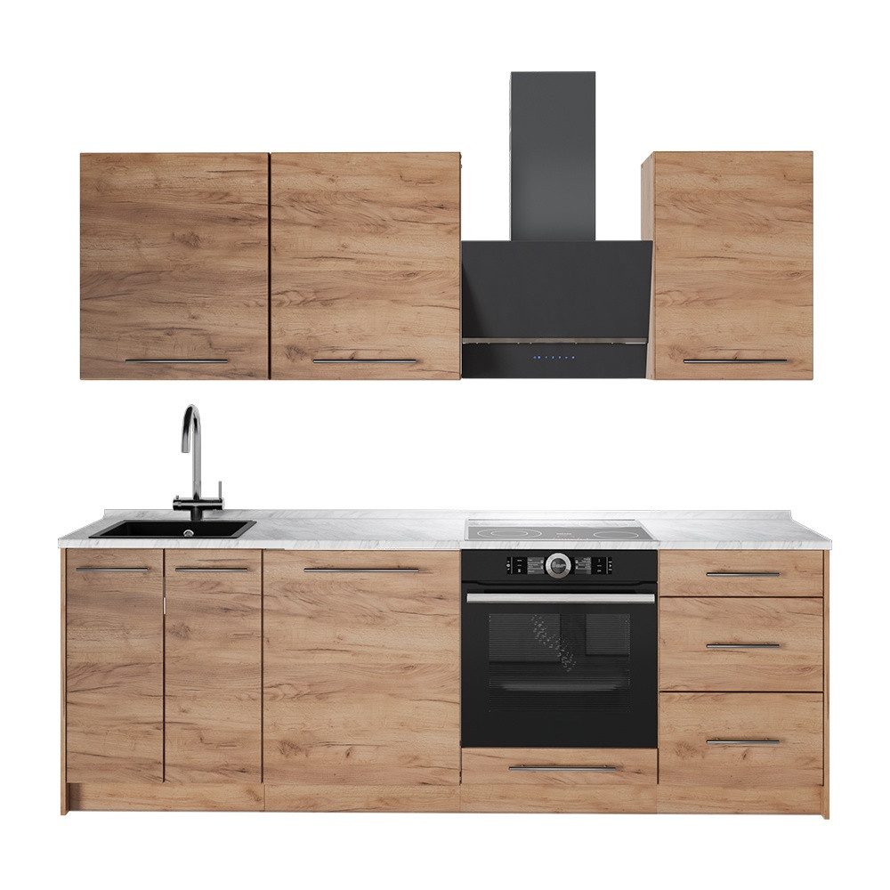 Vicco Küchenzeile Fame-Line, Goldkraft Eiche/Goldkraft Eiche, 230 cm, AP Marmor
