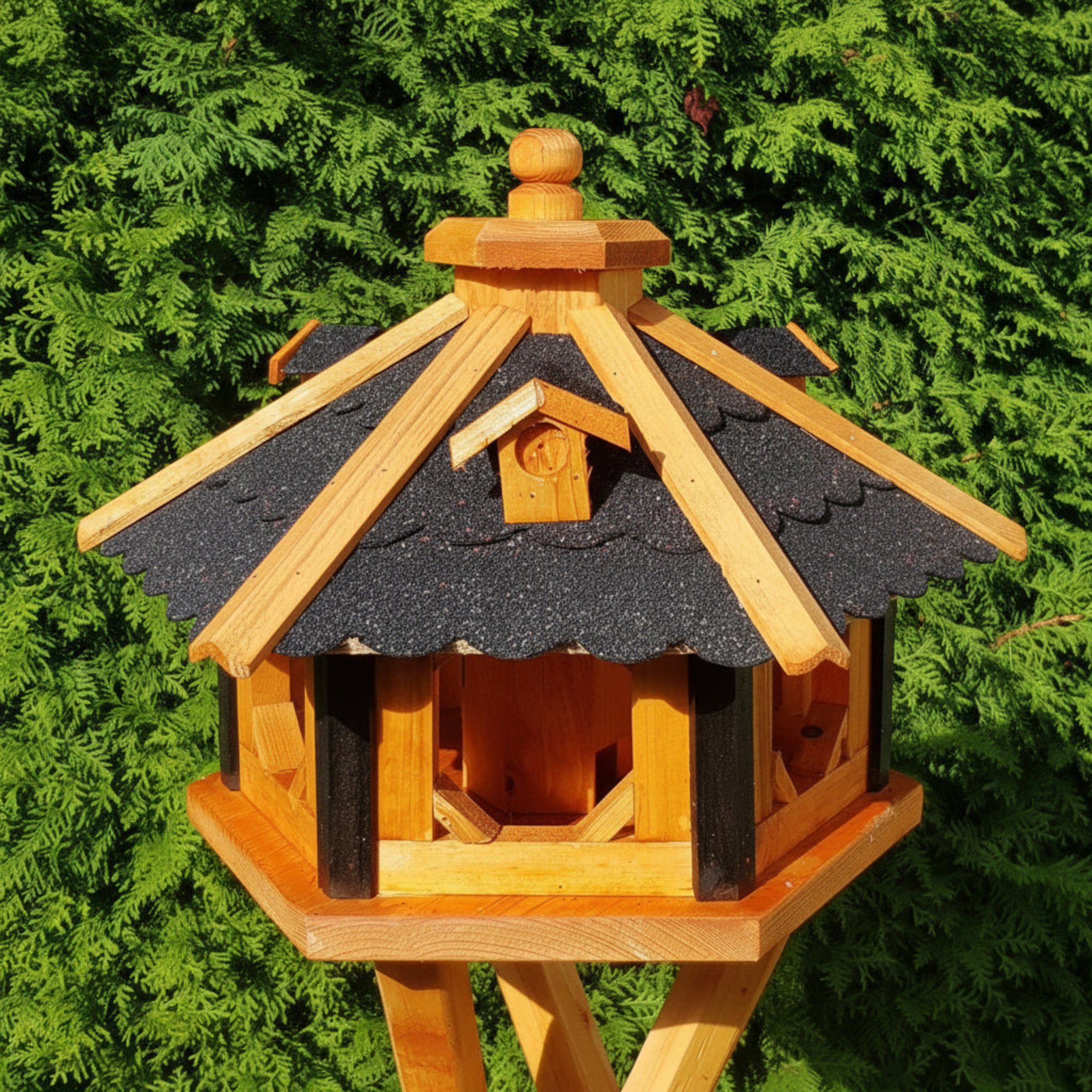 Holzdekoladen Vogelhaus 6-eck Vogelhaus Holz mit Futterspender,wetterfest,optional Ständer