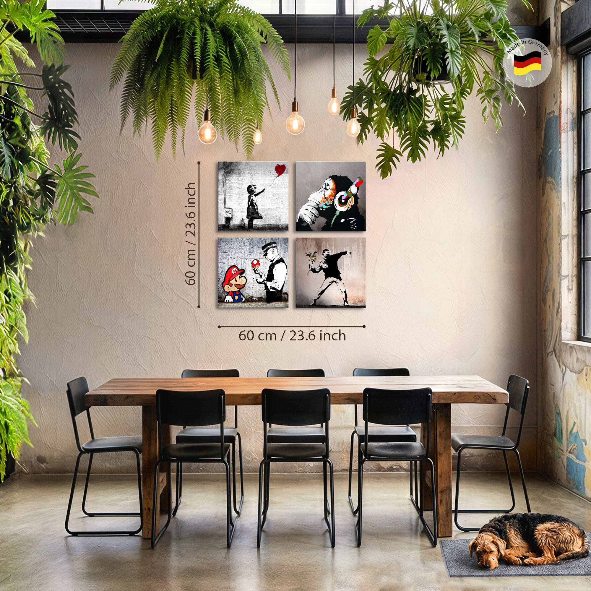 Novart Wandbild Set Banksy Style Collage Loft Grau Bilder Modern Streetart Graffiti, (4 St)
