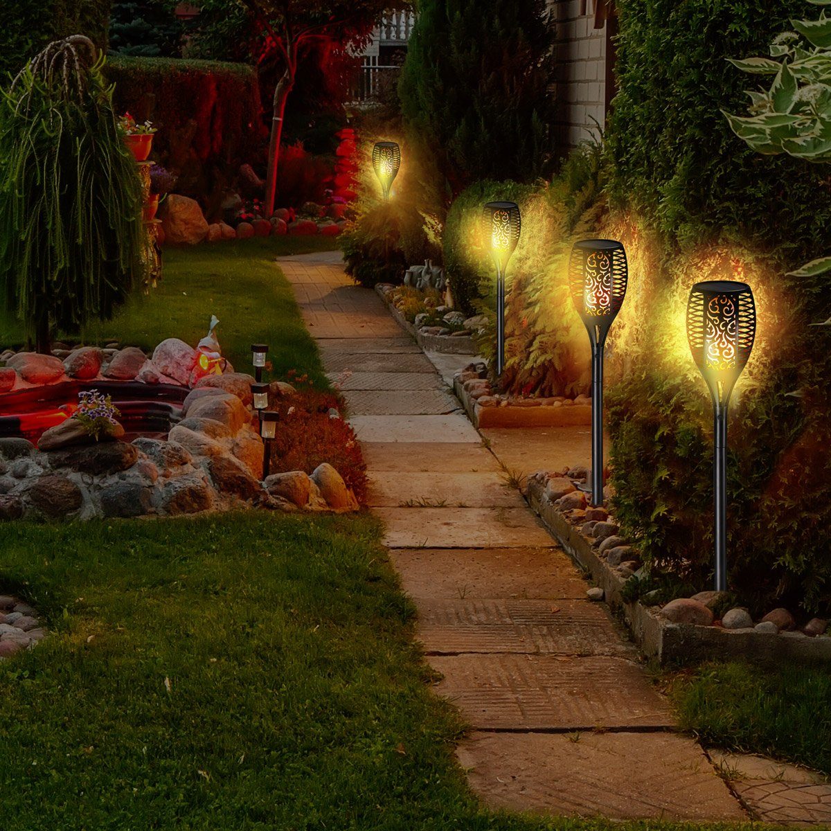 96 LEDs Solarleuchte Flammenlicht Garten Flammen Fackeln USB Wiederaufladbar Gartenleuchten IP65 Wasserdicht Solarlampen für Außen Garten 