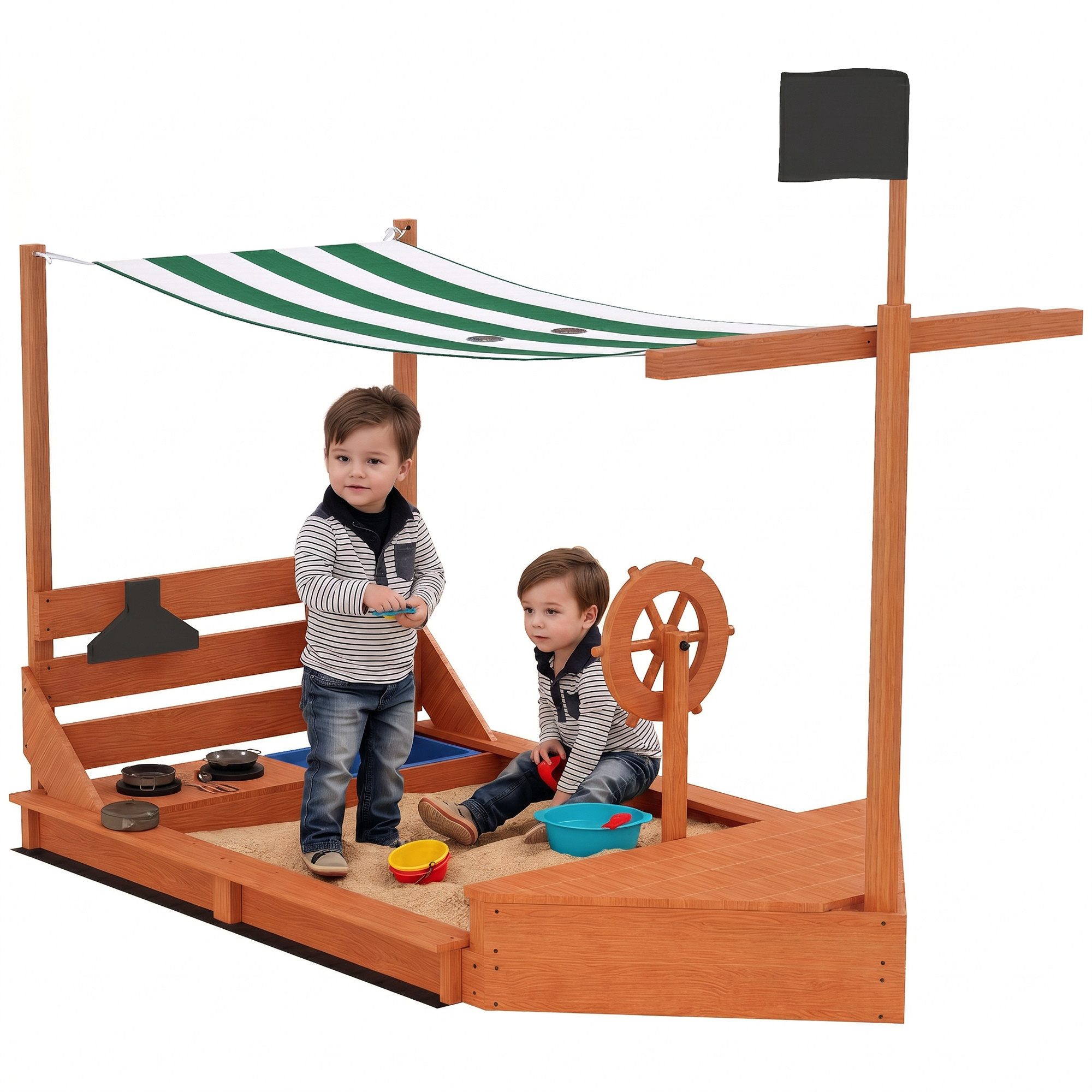 Outsunny Sandkasten Kinder Sandbox mit Abdeckung Sandkiste mit Sitzbänken für Outdoor, (Matschekiste aus Holz, 1-tlg., Segelschiff Spielhaus mit Küchenspielset), für Kinder 3-7 Jahre, Grün