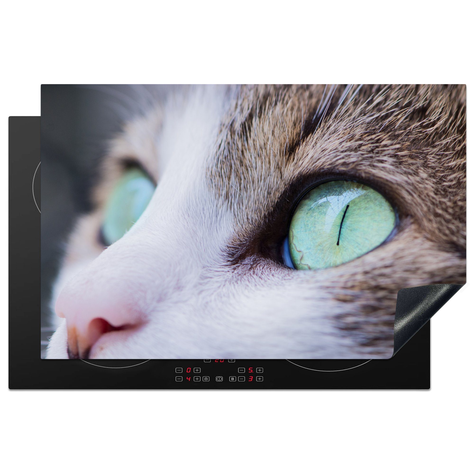 die Schutz Katze - küche, (1 Herdblende-/Abdeckplatte Induktionskochfeld MuchoWow Licht Ceranfeldabdeckung Vinyl, Augen, - tlg), cm, für 81x52