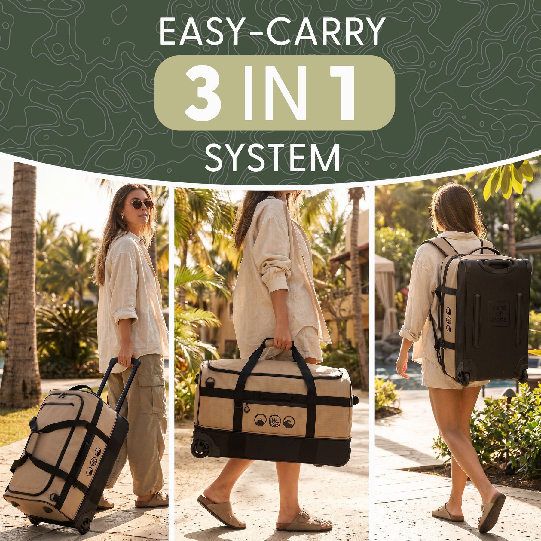 SONS OF ALOHA Koffer 3in1 Reisetasche, Koffer & Rucksack FLOW Schuhfach Handgepäck beige, 3in1 Hybrid Handgepäck Koffer & Rucksack aus recycelten Materialen