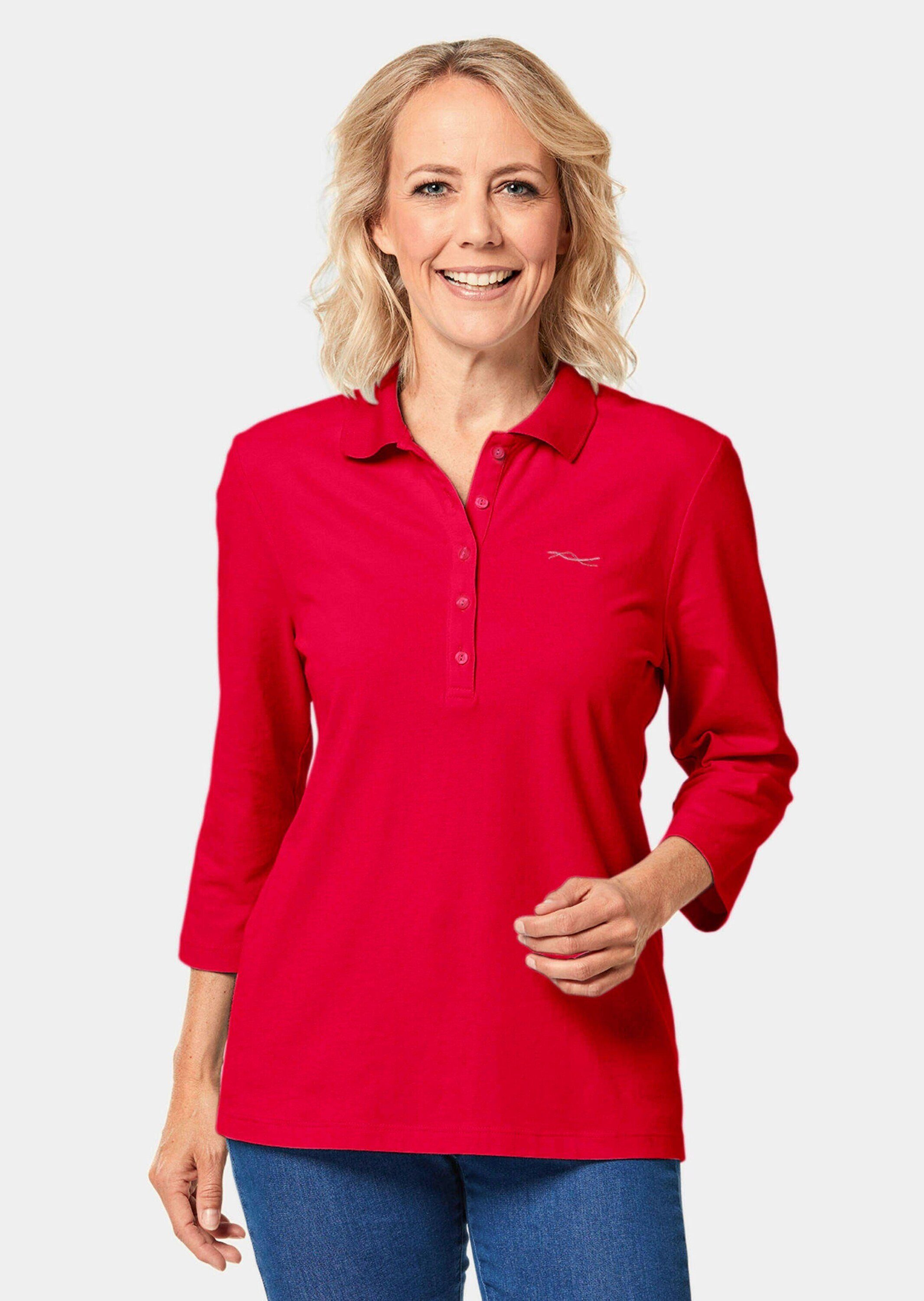 GOLDNER Poloshirt Baumwollshirt mit Glanzakzenten Stilvolles Jerseyshirt mit Polokragen, Knopfleiste und 3/4-Arm