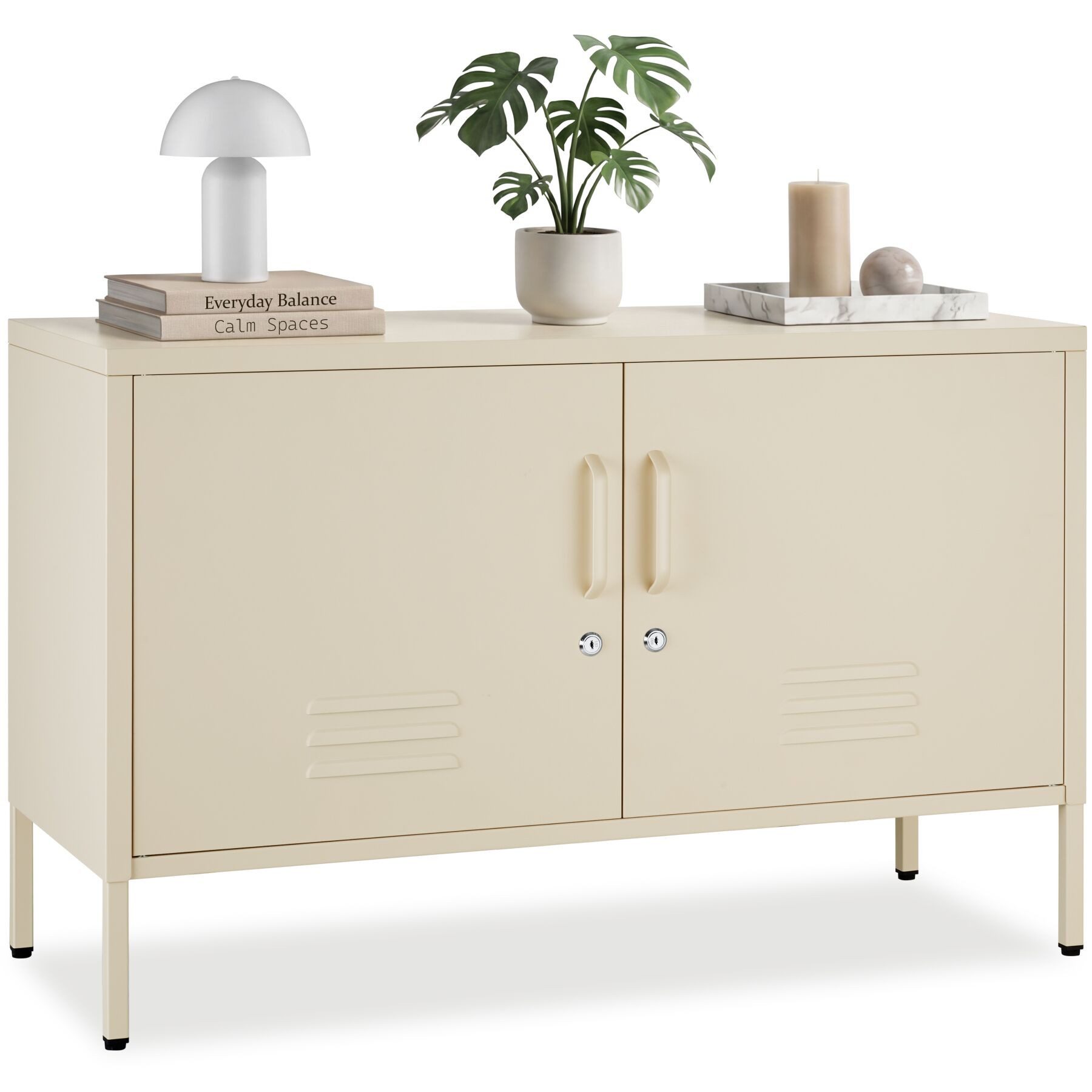 tectake Lowboard Sideboard, Kippschutz, höhenverstellbare Füße, 100 x 42,5 x 65 cm (Kommode Baker, in creme), 3 Türen mit Magnetverschluss, Zwischenboden verstellbar, Kabelführung
