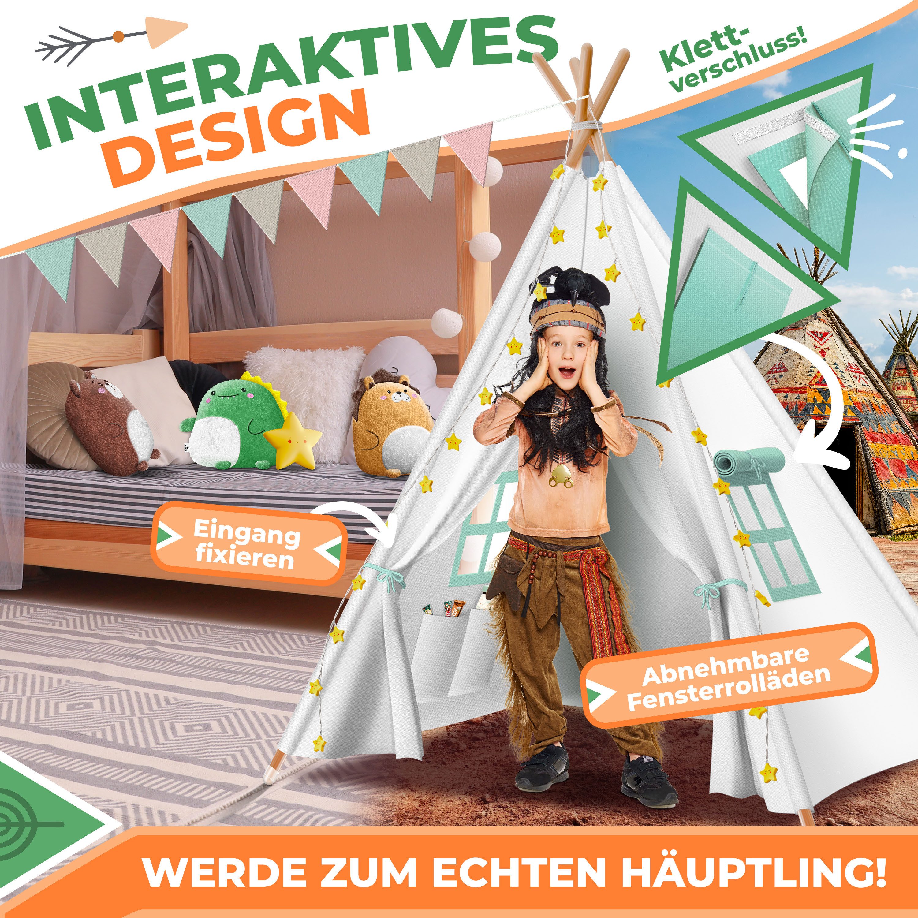KIDIZ Spielzelt Tipi Zelt für Kinder aus Baumwolle 100x100x160cm Kinderzelt (LED-Lichterkette, Leuchtstern, Girlande, 3 Plüschtiere, Matte & Tasche) Spielhaus für drinnen & draußen Tipizelt