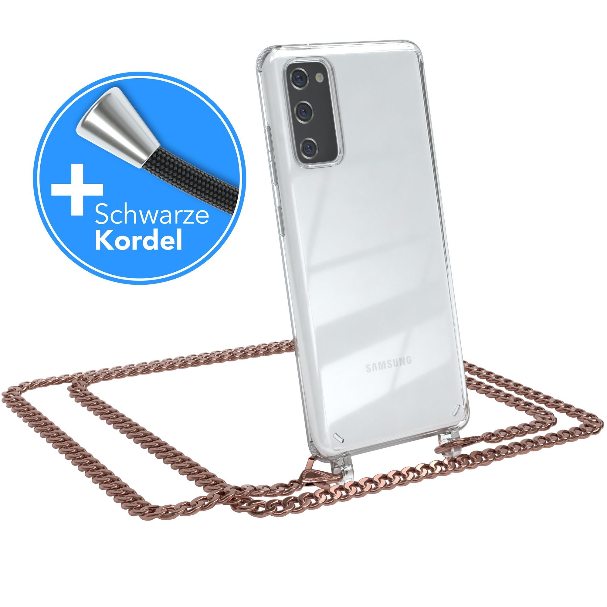 EAZY CASE Handykette 2in1 Metallkette für Samsung Galaxy S20 FE / 5G 6,5 Zoll, Silikonhülle Transparent Smartphonekette für Unterwegs Ketten Rose