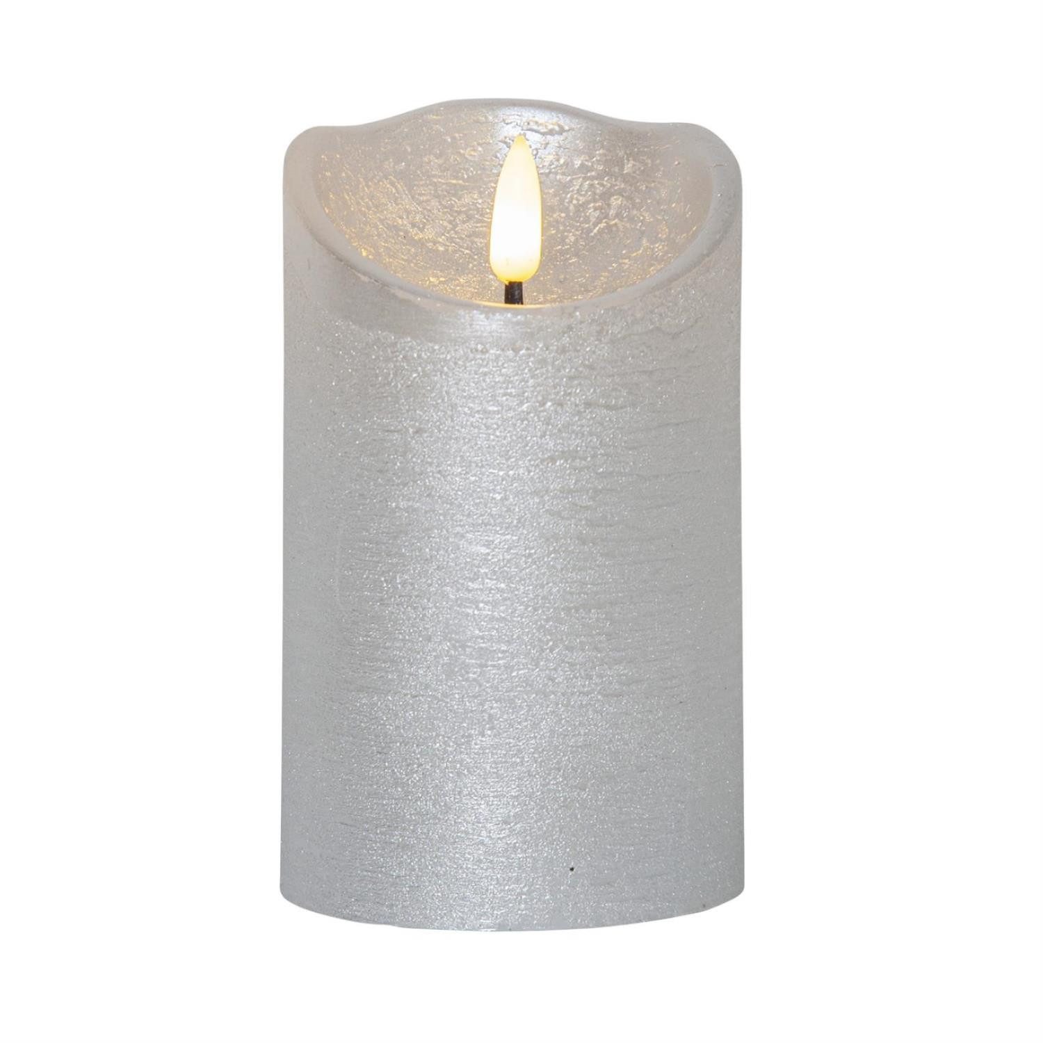 LED-Kerze Rustik Optik Echtwachs flackernd 12,5cm Timer Batterie silber