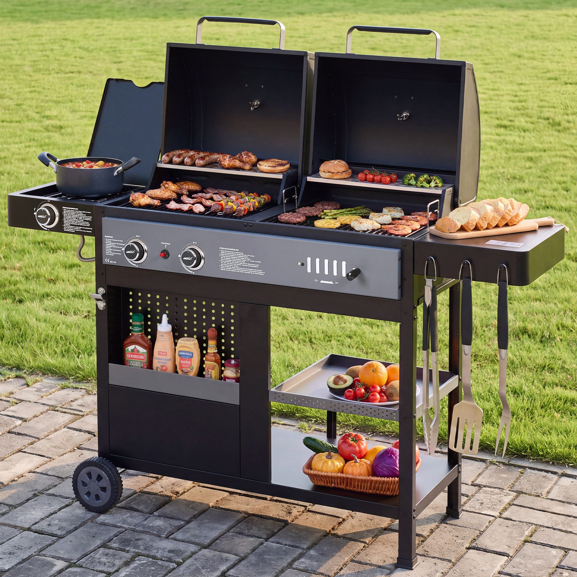Royal Gourmet Kombigrill 2-in-1, 10 kW, Seitenbrenner, Piezozündung, Räder, 2-in-1 Gas- und Holzkohlegrill; Seitenbrenner; Piezozündung; Räder