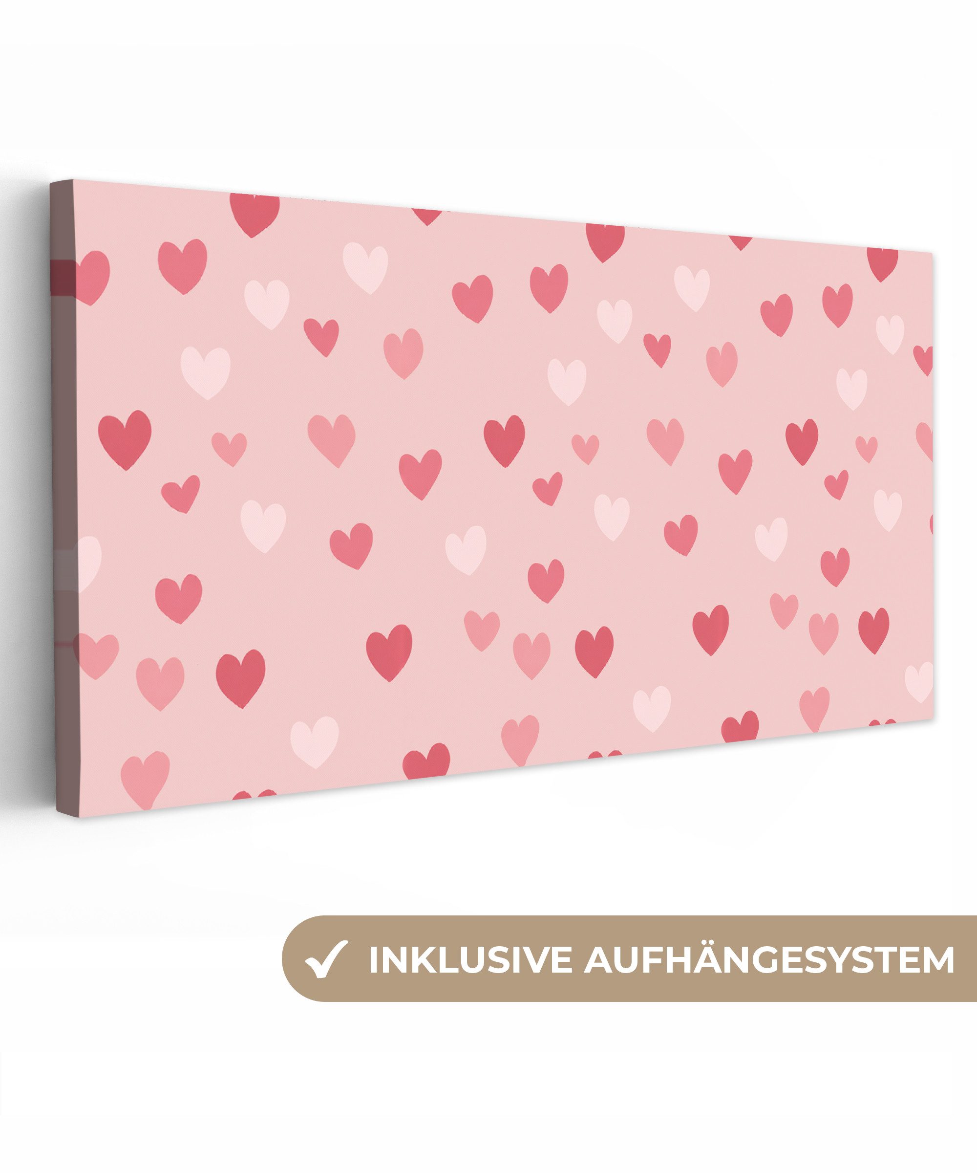 OneMillionCanvasses® Leinwandbild Panorama Herzen - Muster - Rosa - Einfach, Fotodruck (1 St), Wandbild, Deko Schlafzimmer Wohnzimmer Flur 40x20 cm