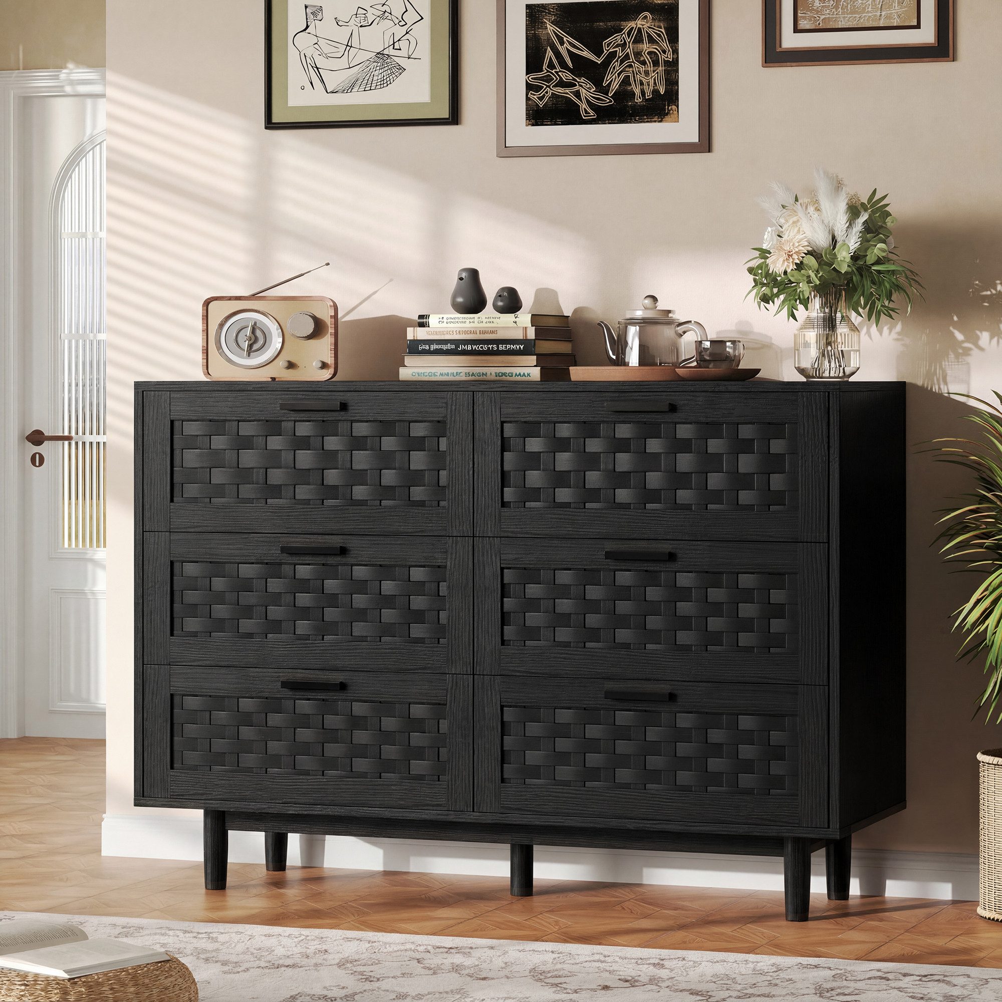 Simurq Kommode Sideboard 6 Schubladen Rattanoptik (1 St., Stauraumschrank für Wohnzimmer, Esszimmer, Flur), Schubladenschrank 115x40x80 cm