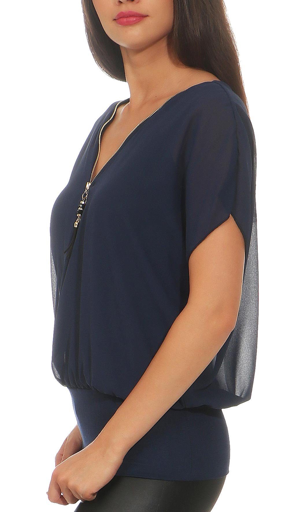 malito more than fashion Chiffonbluse malito Damen kurzarm Bluse im Fledermaus Look, Tunika mit Zipper, Kurzarm Bluse