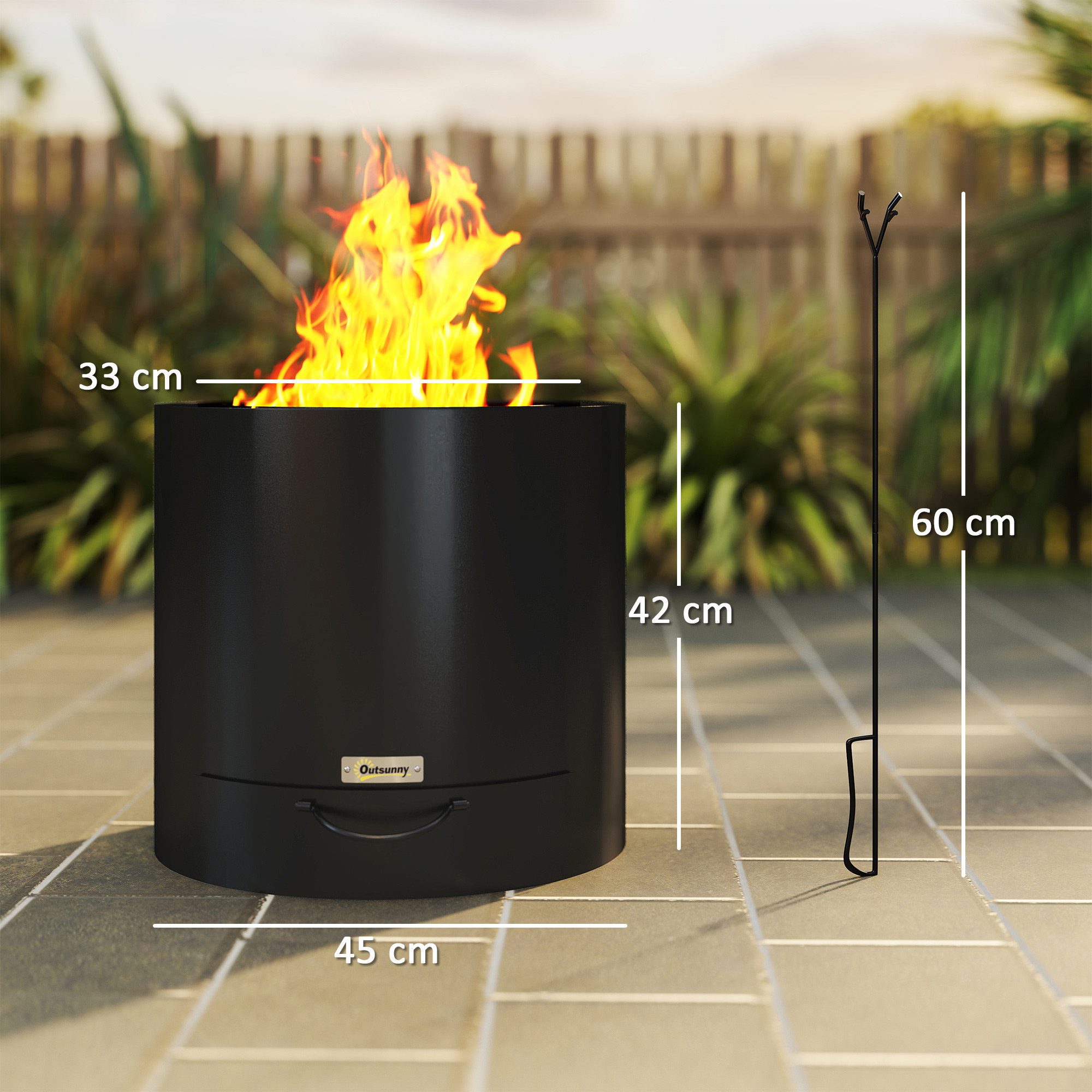 Outsunny Feuerschale mit Schürhaken, Aschenwanne, (Feuerstelle aus Edelstahl, 1-St., Holzfeuerstelle), Ø45 x 42cm, für Garten, Balkon Terrasse, Outdoor BBQ Camping Schwarz