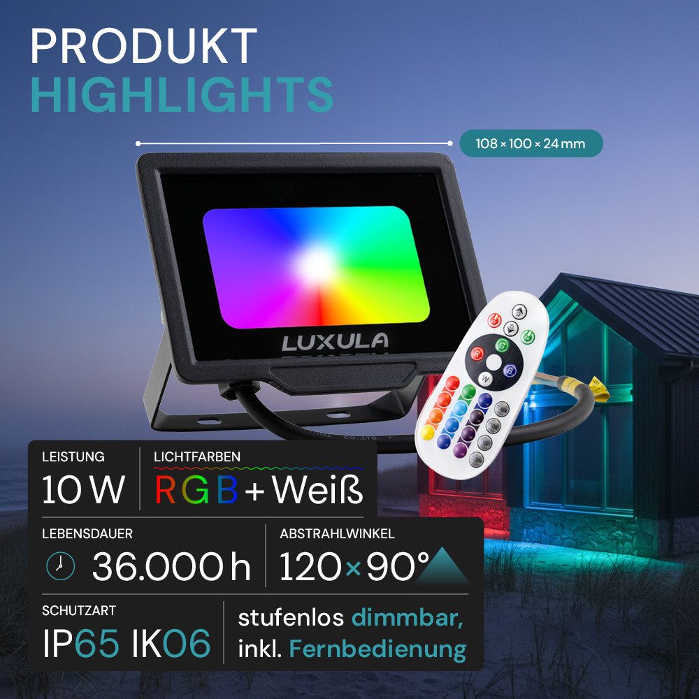 LUXULA LED Wandstrahler RGB Farbwechsel Fluter, LED fest integriert, 10W Außenstrahler mit Fernbedienung