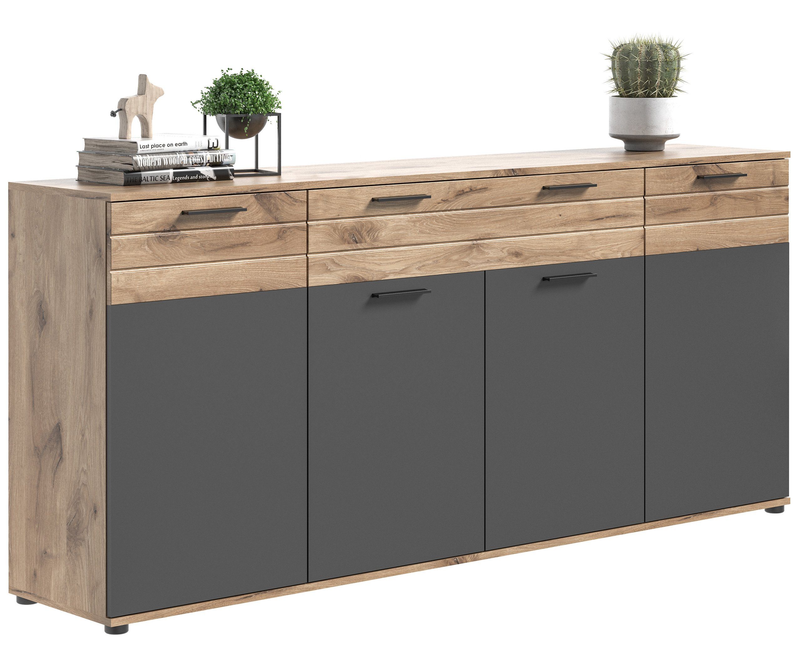 Newroom Sideboard Eiche 200 cm, Sideboard Basalt Grau Eiche Kommode Highboard Industrial Modern Woh...