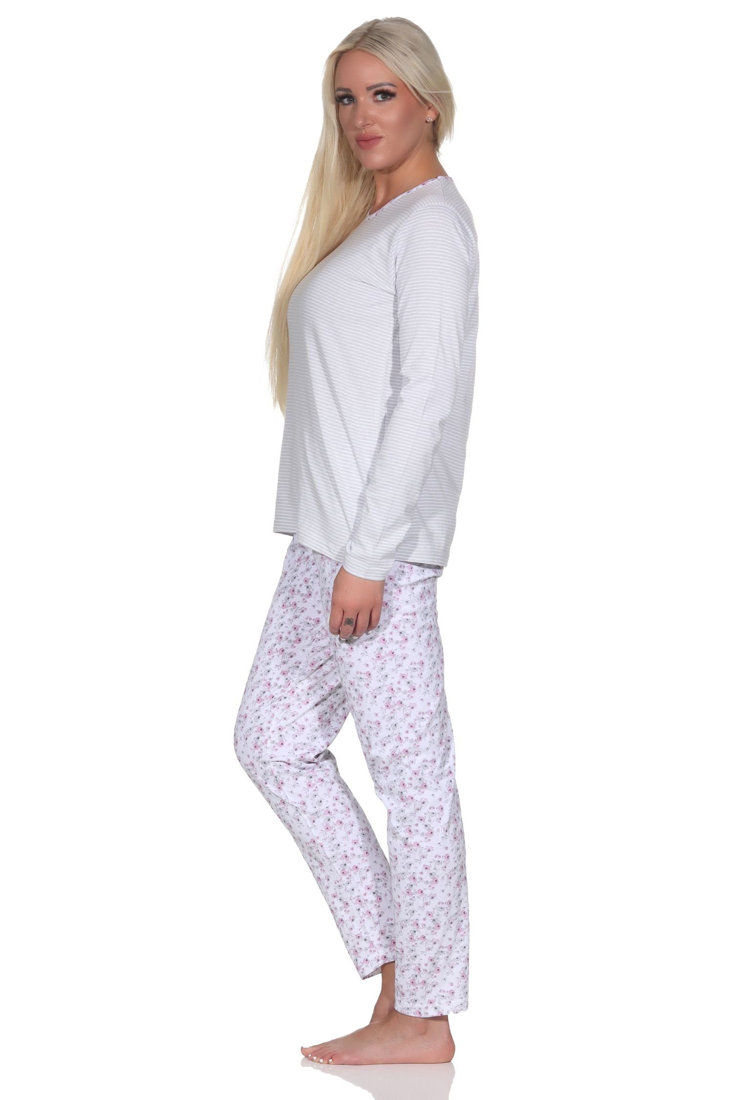 Normann Pyjama Verspielter Damen Schlafanzug langarm floralen grau in Muster tollem