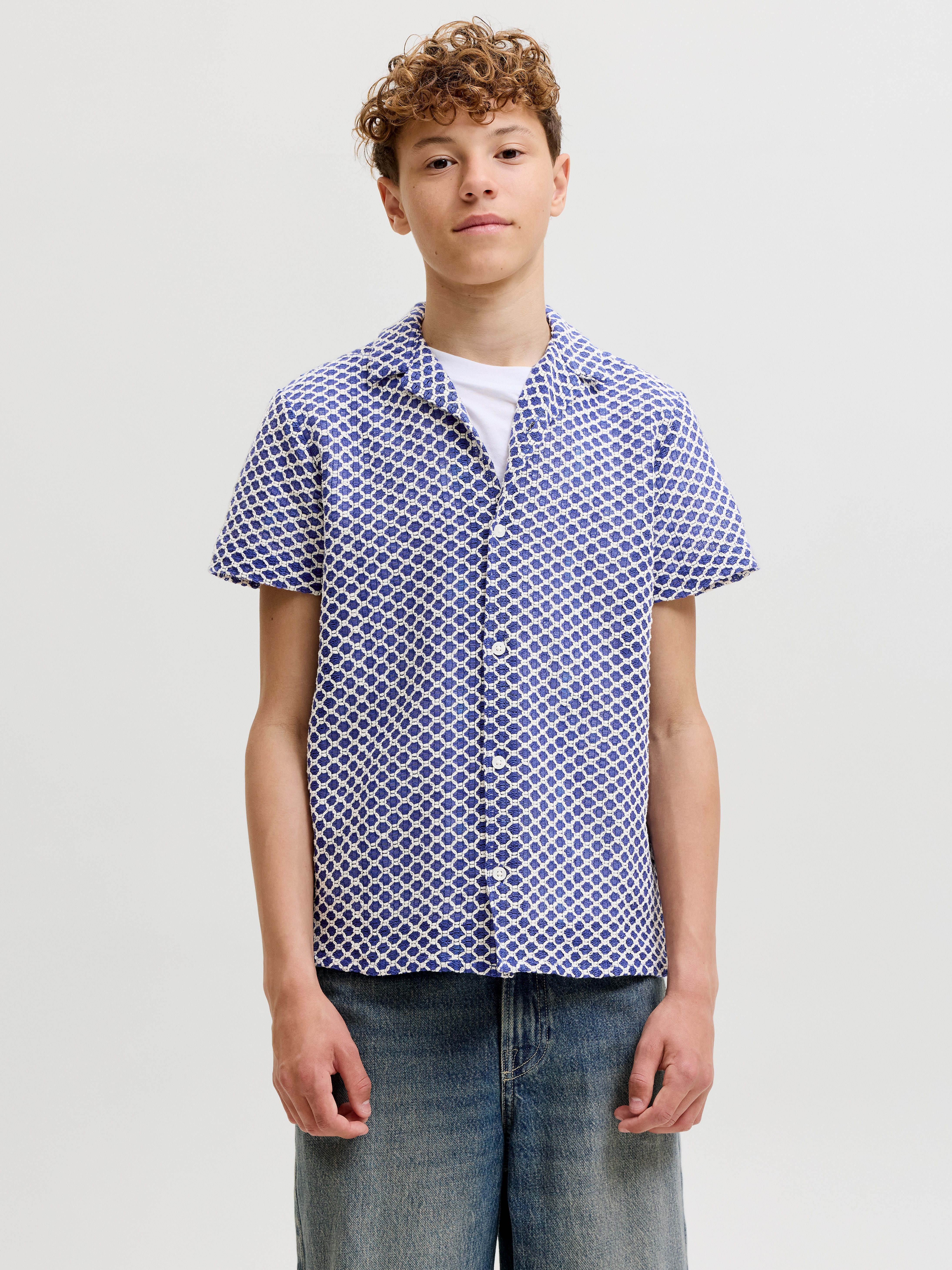 Jack & Jones Junior Kurzarmhemd JORMONTAUK CROCHET SHIRT SS SA26 JNR Baumwollmischung, locker geschnitten